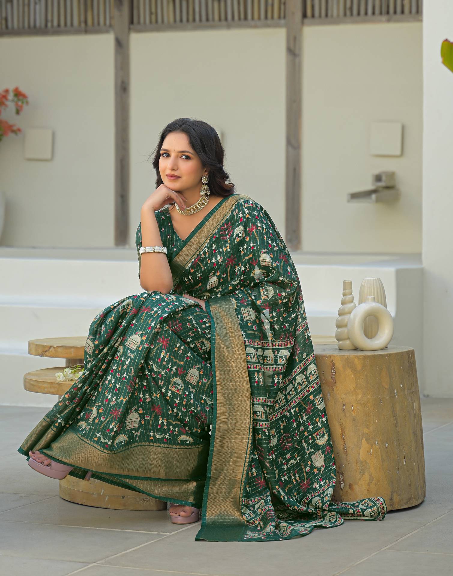 Green Silk Printed Zari Stripe SareeĀ - Image 8