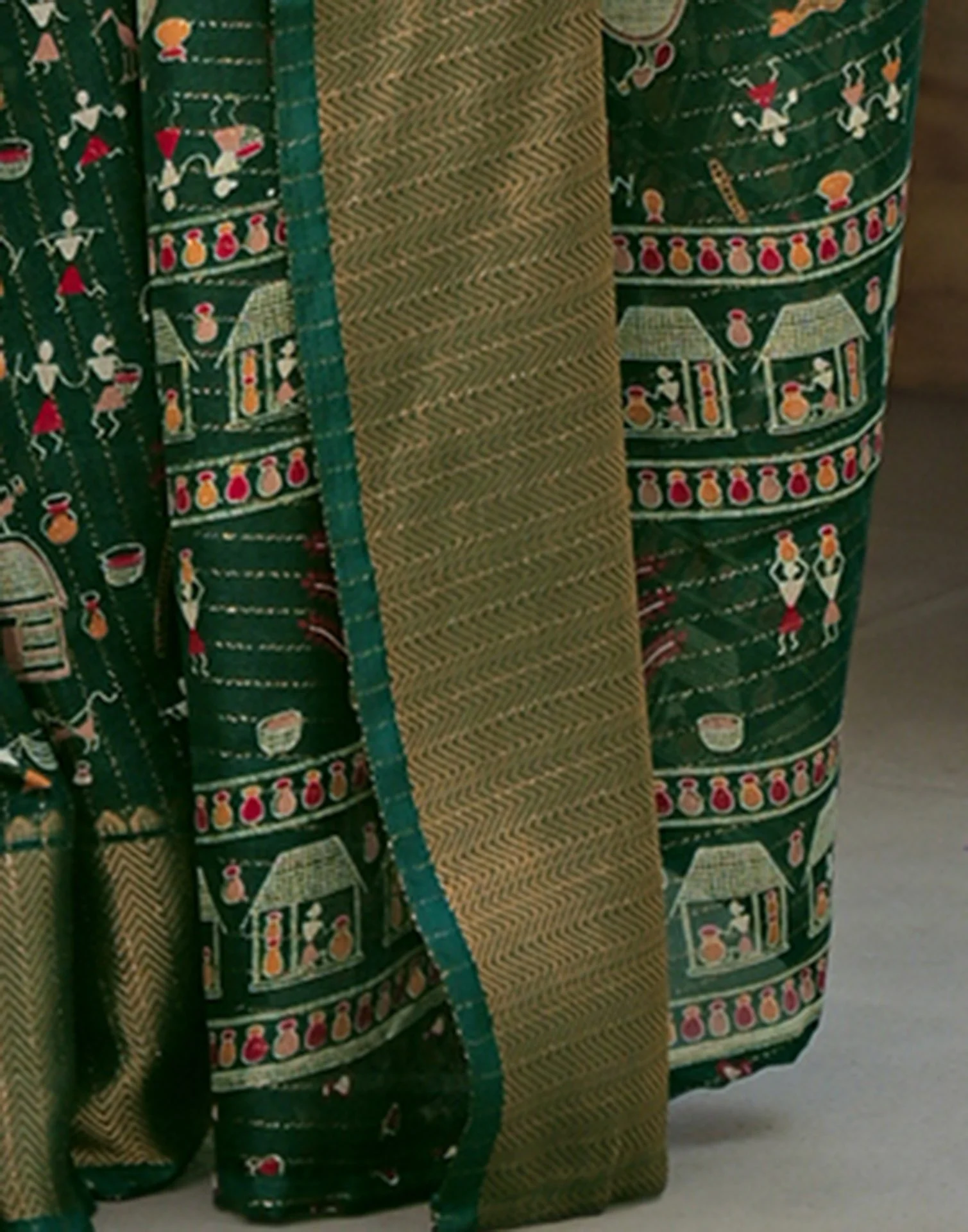 Green Silk Printed Zari Stripe SareeĀ - Image 9