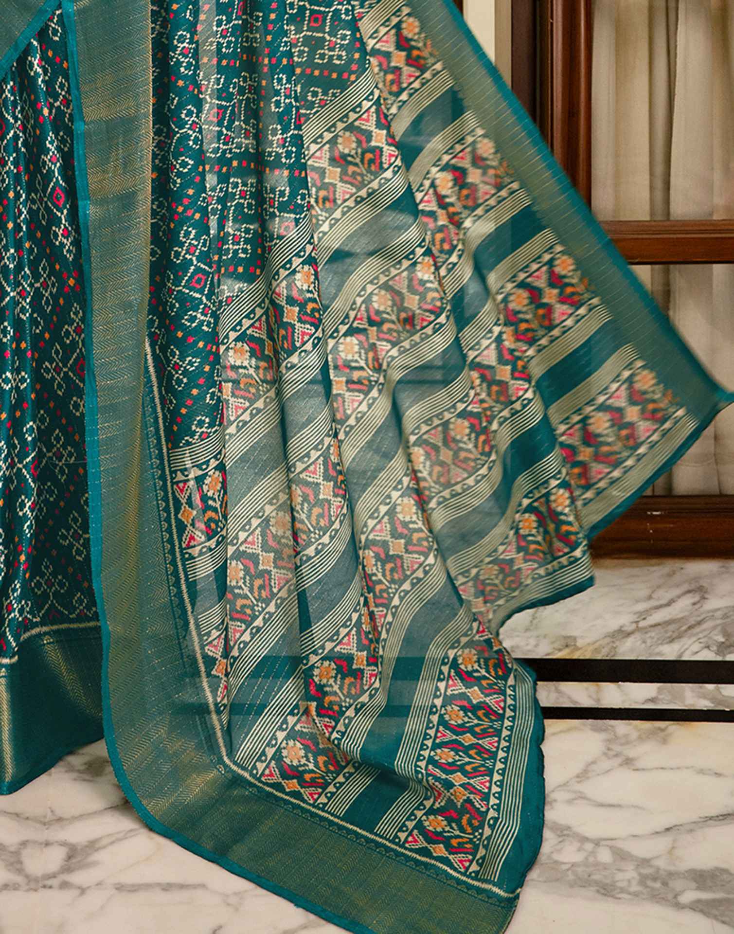 Green Silk Printed Zari Stripe SareeĀ - Image 11