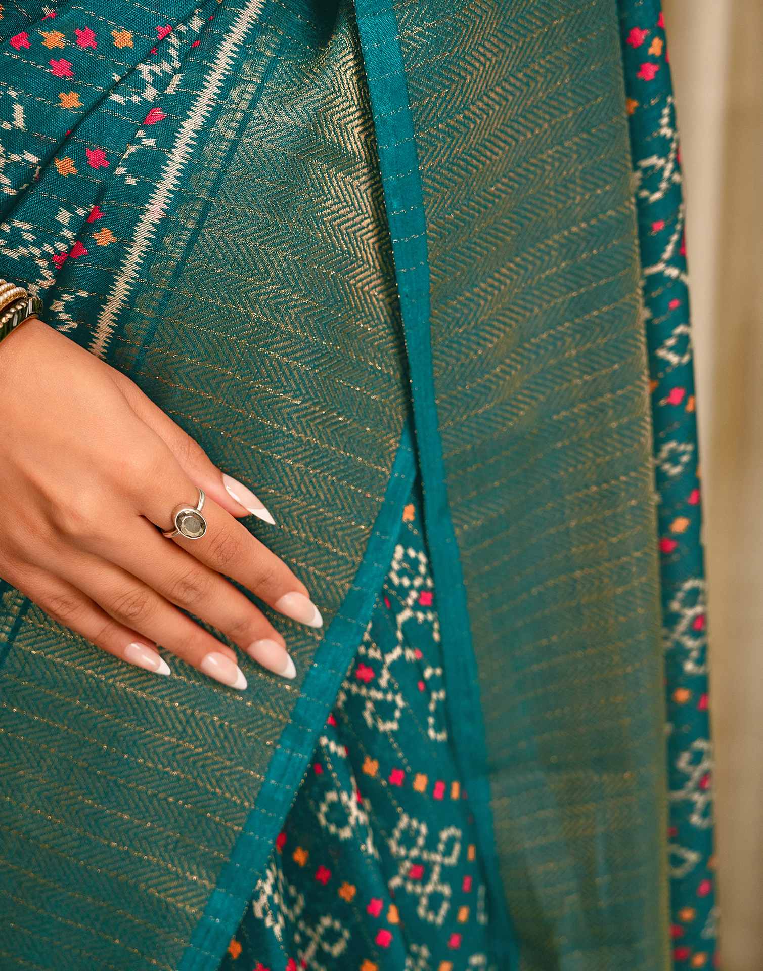 Green Silk Printed Zari Stripe SareeĀ - Image 12