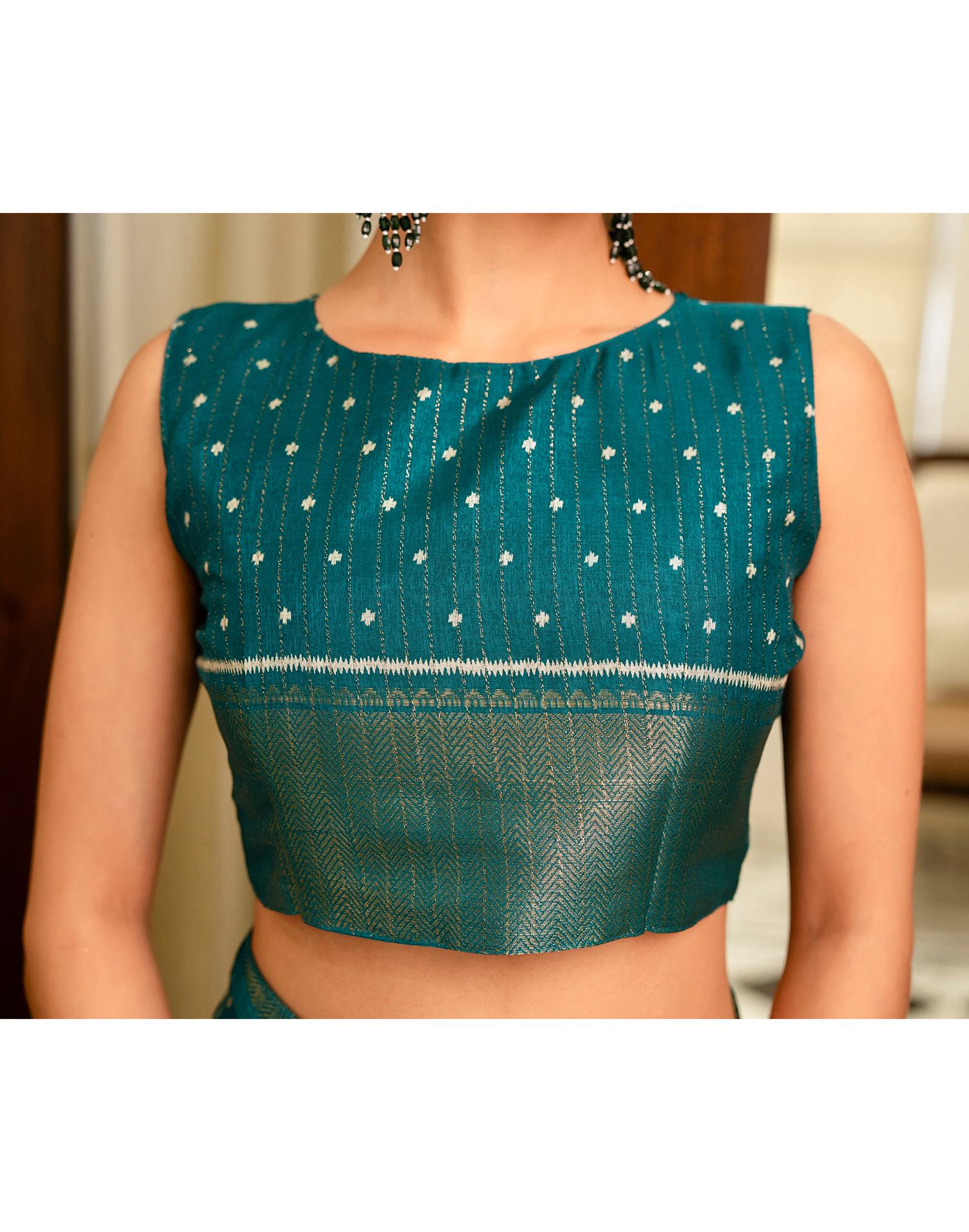 Green Silk Printed Zari Stripe SareeĀ - Image 13