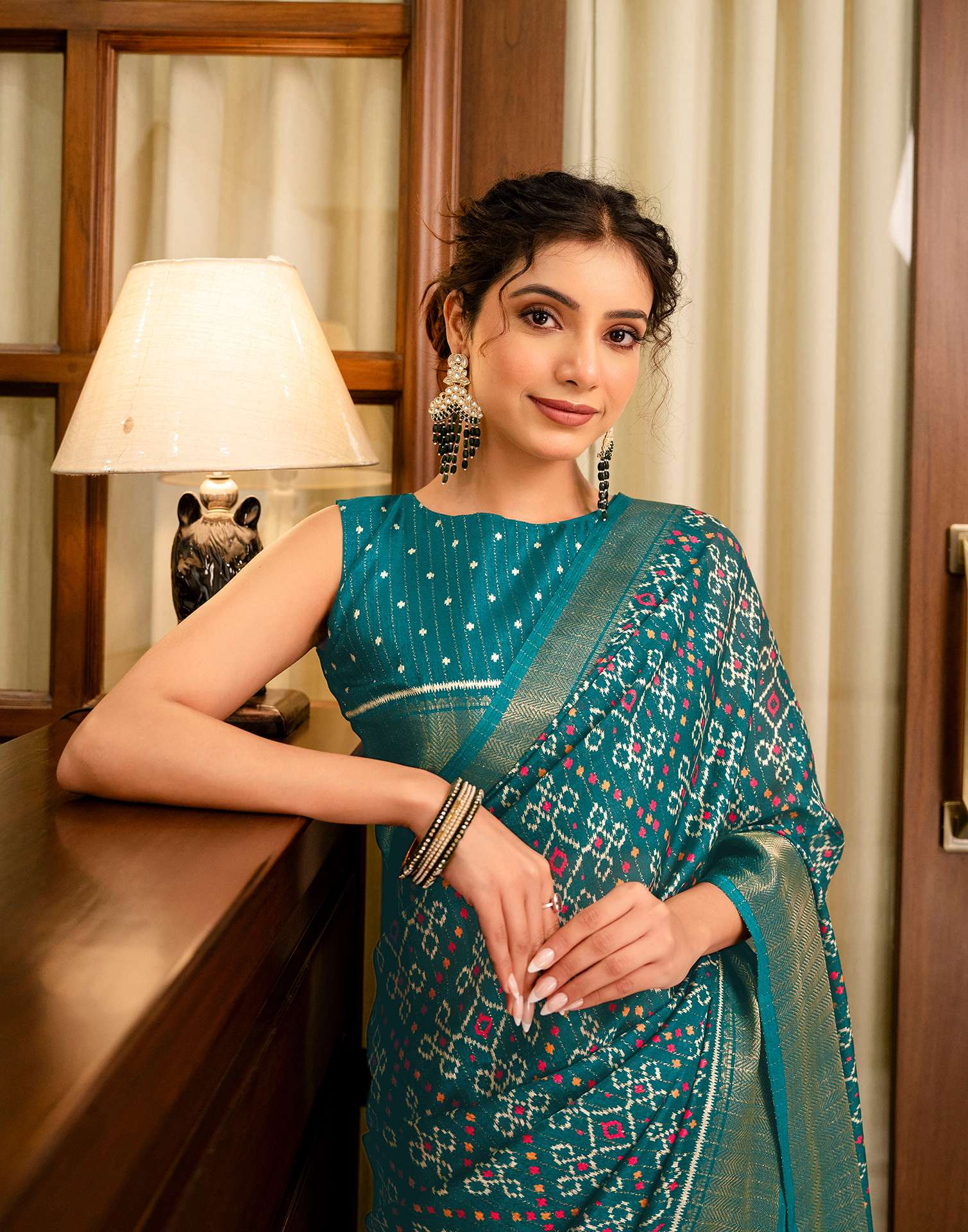 Green Silk Printed Zari Stripe SareeĀ - Image 2