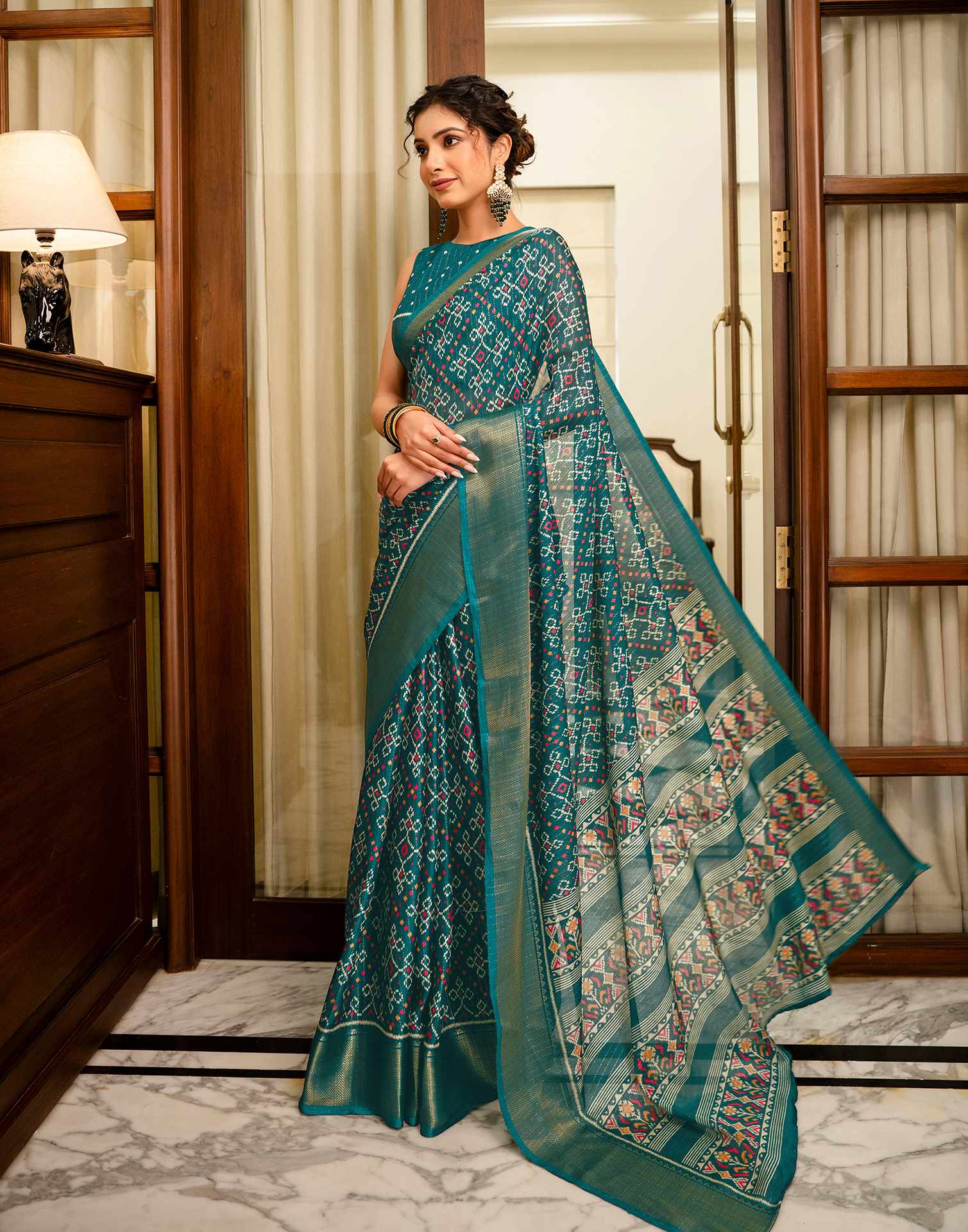 Green Silk Printed Zari Stripe SareeĀ - Image 6