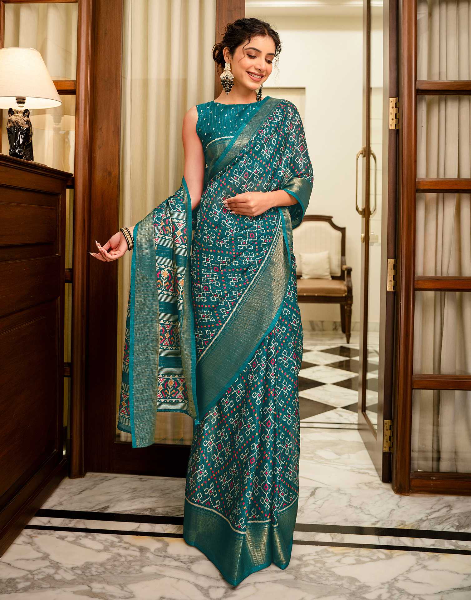 Green Silk Printed Zari Stripe SareeĀ - Image 7