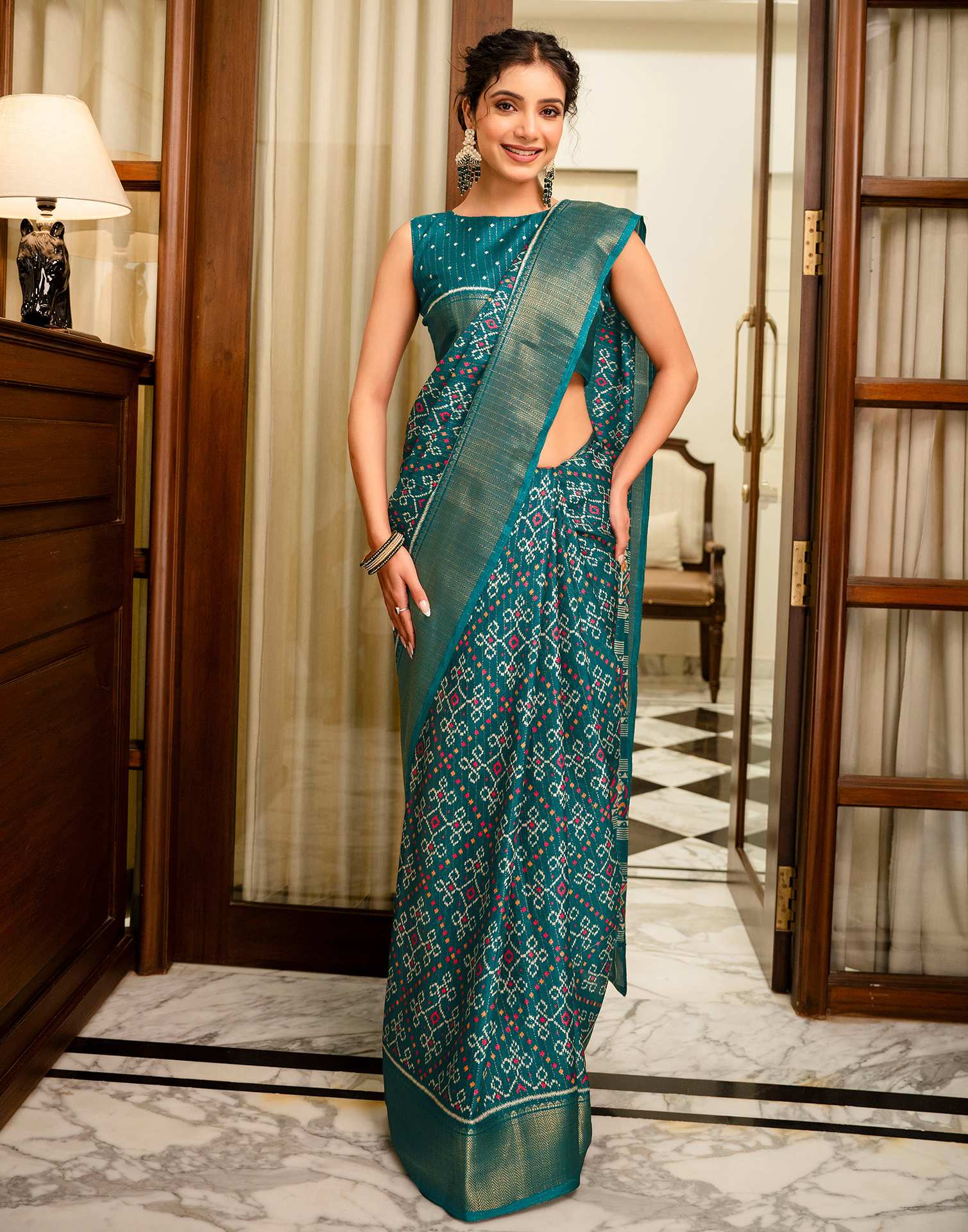 Green Silk Printed Zari Stripe SareeĀ - Image 9