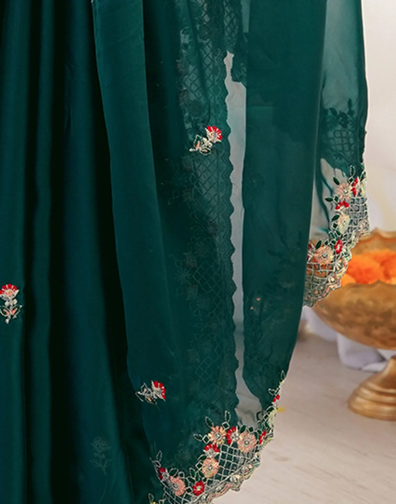 Green Silk Sequence Embroidery Saree - Image 10