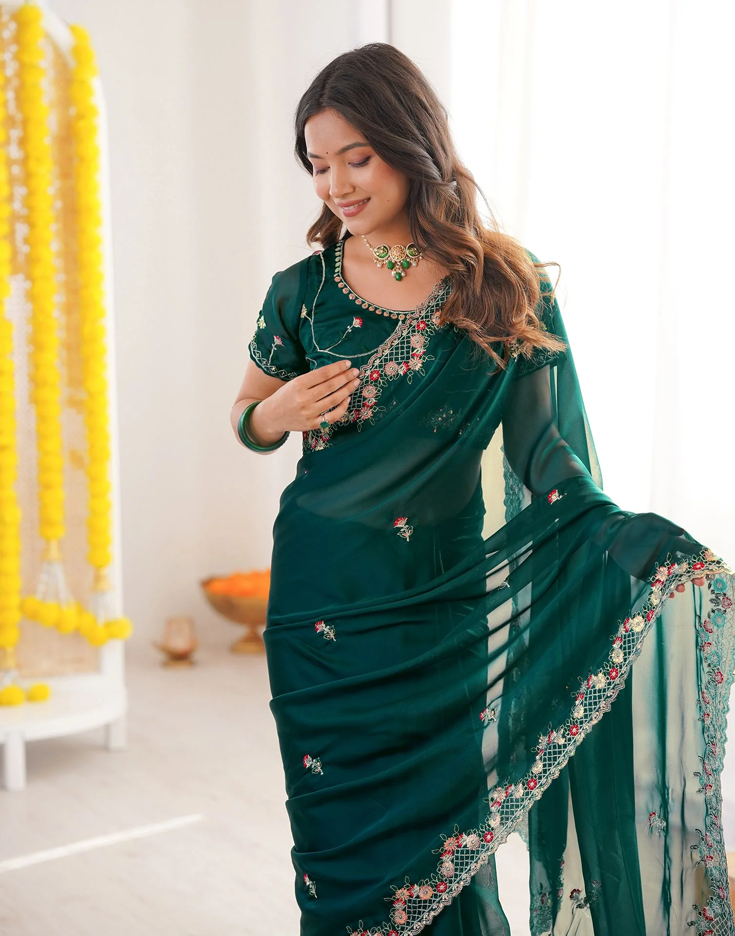 Green Silk Sequence Embroidery Saree - Image 2