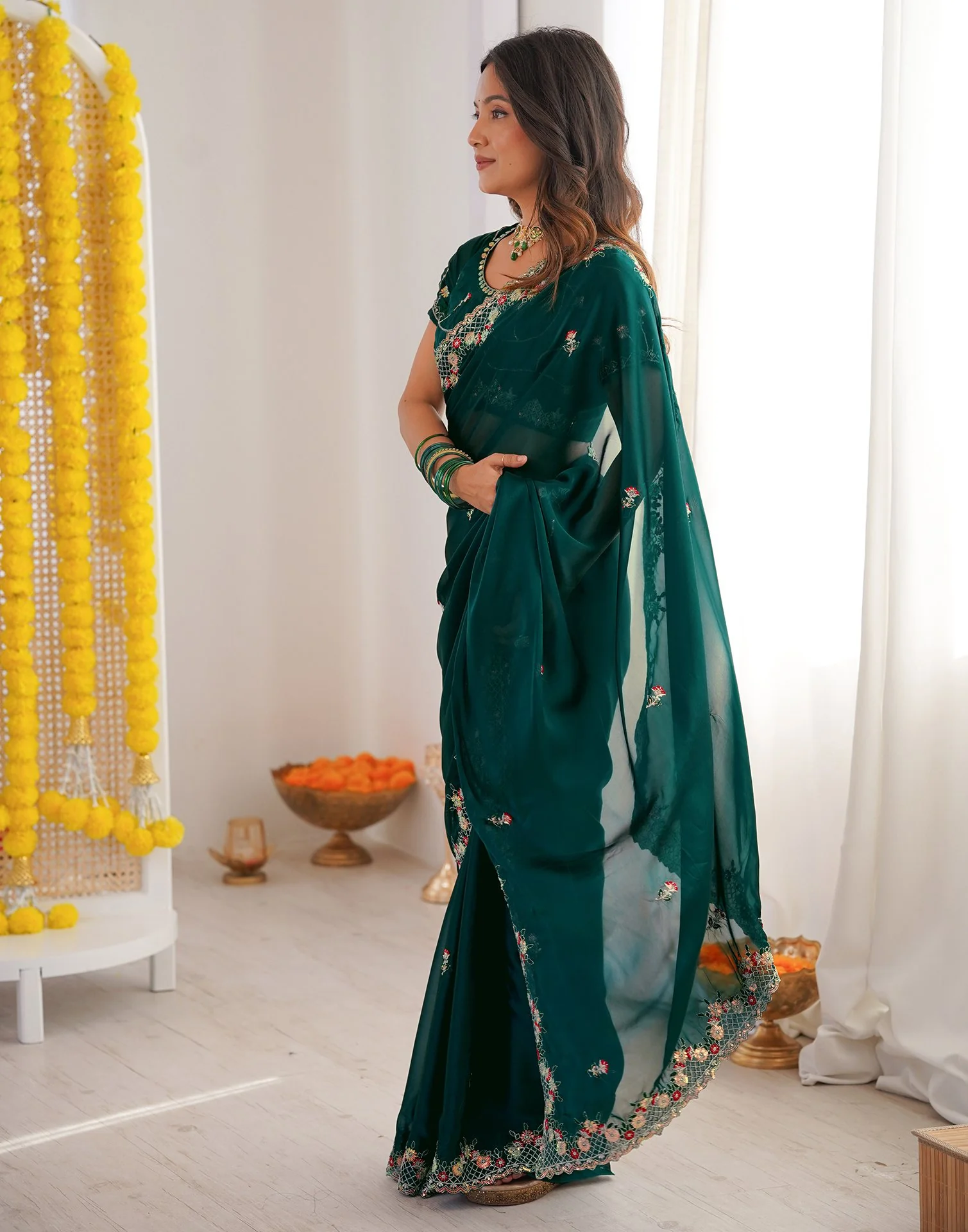 Green Silk Sequence Embroidery Saree - Image 4