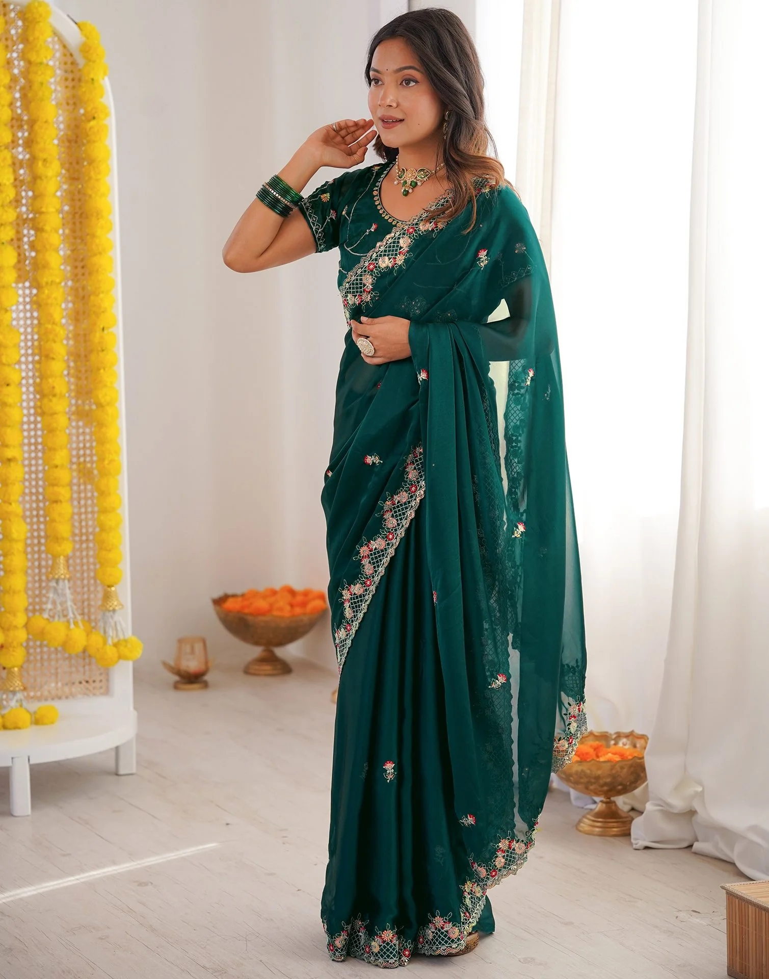 Green Silk Sequence Embroidery Saree - Image 5