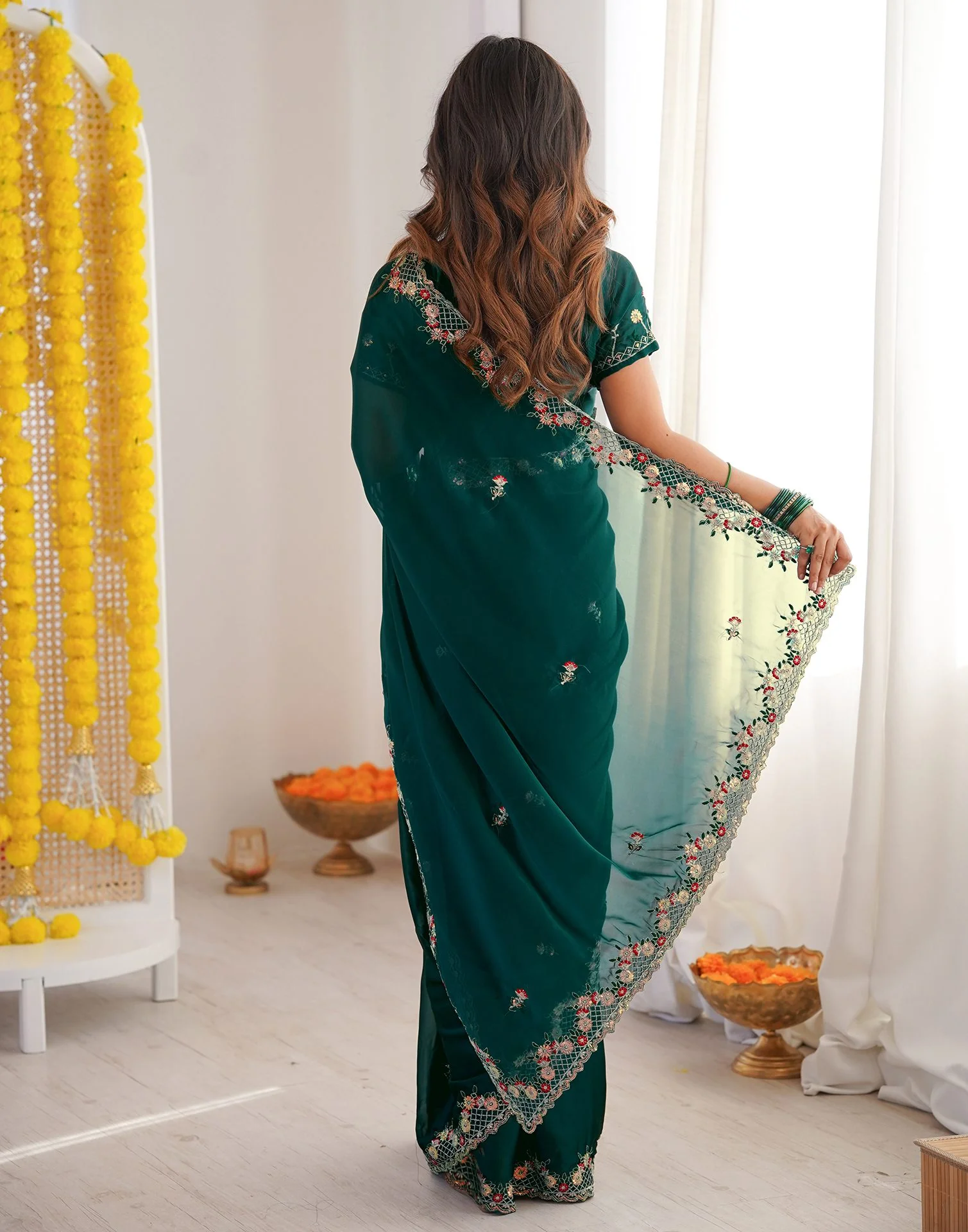 Green Silk Sequence Embroidery Saree - Image 6