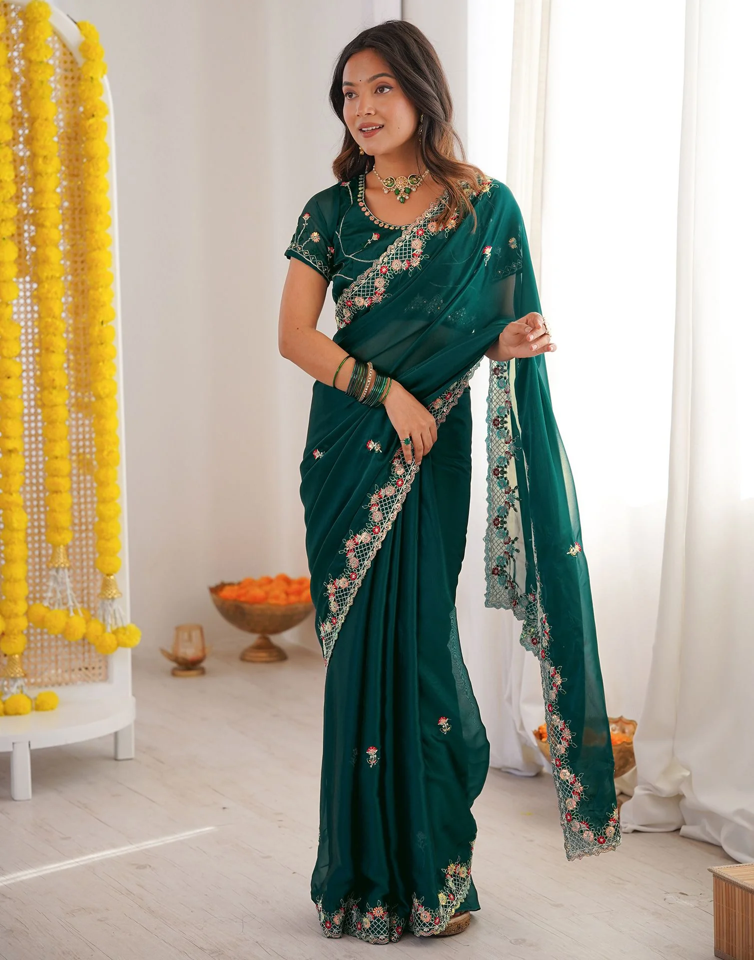 Green Silk Sequence Embroidery Saree - Image 7