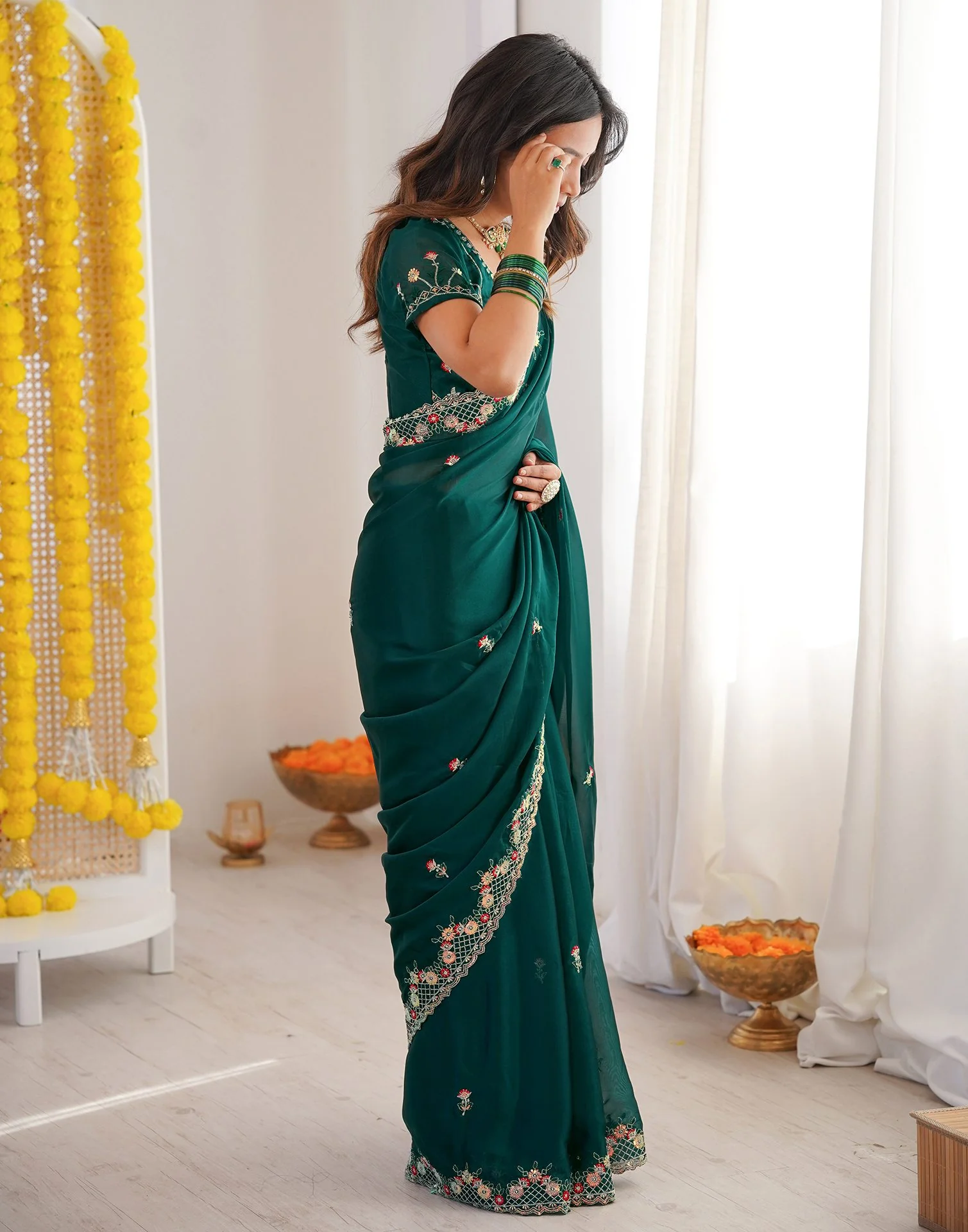 Green Silk Sequence Embroidery Saree - Image 8