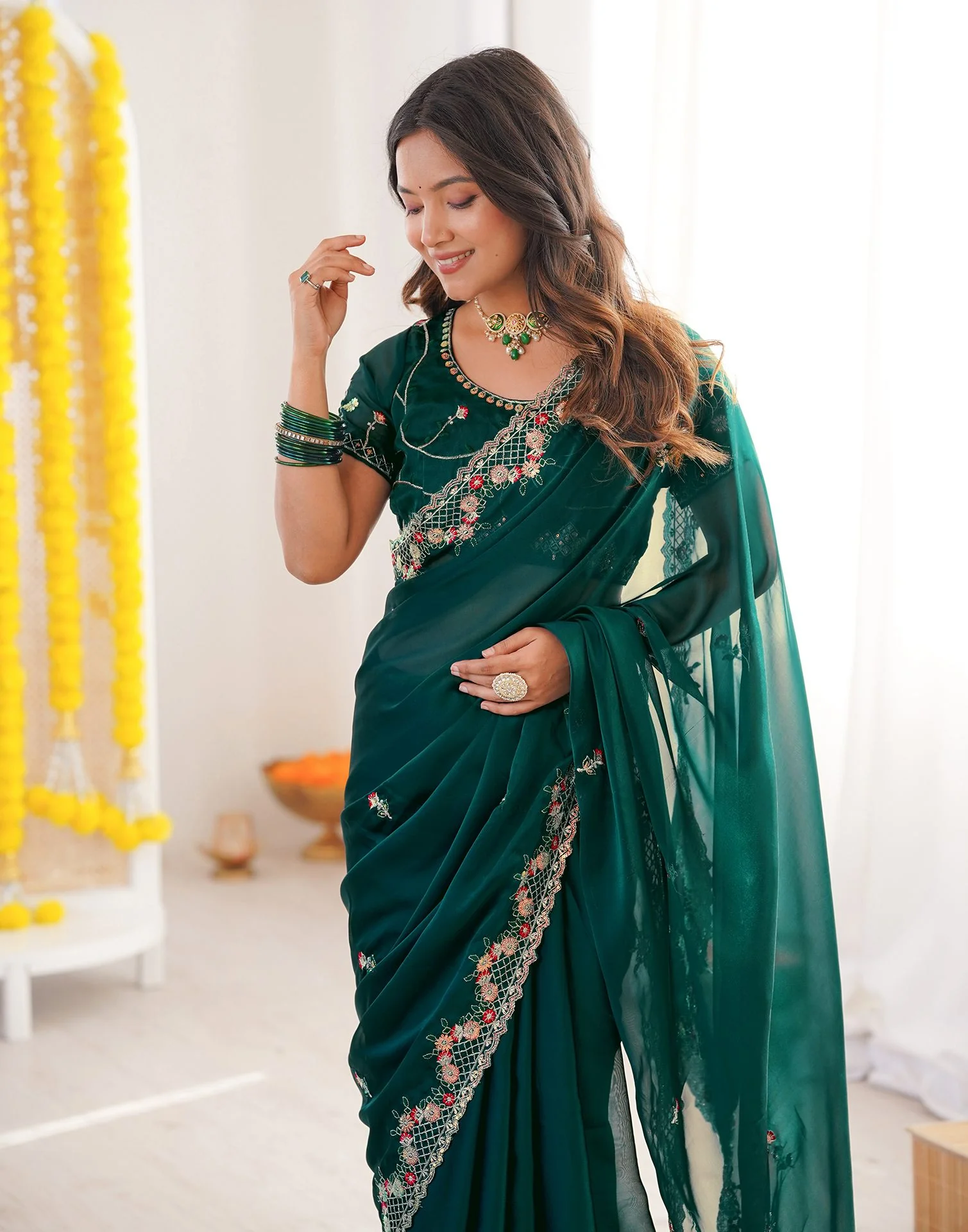 Green Silk Sequence Embroidery Saree - Image 9