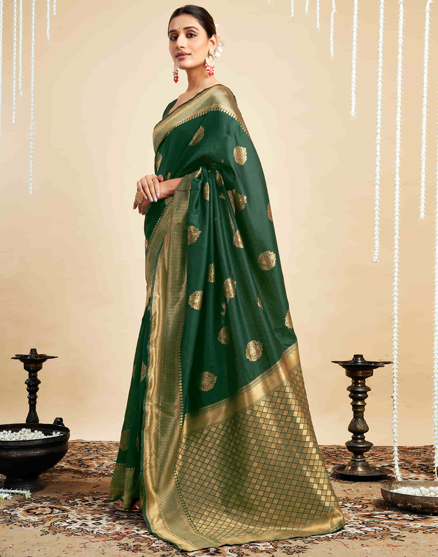 Green Silk Woven Banarasi Saree - Image 6