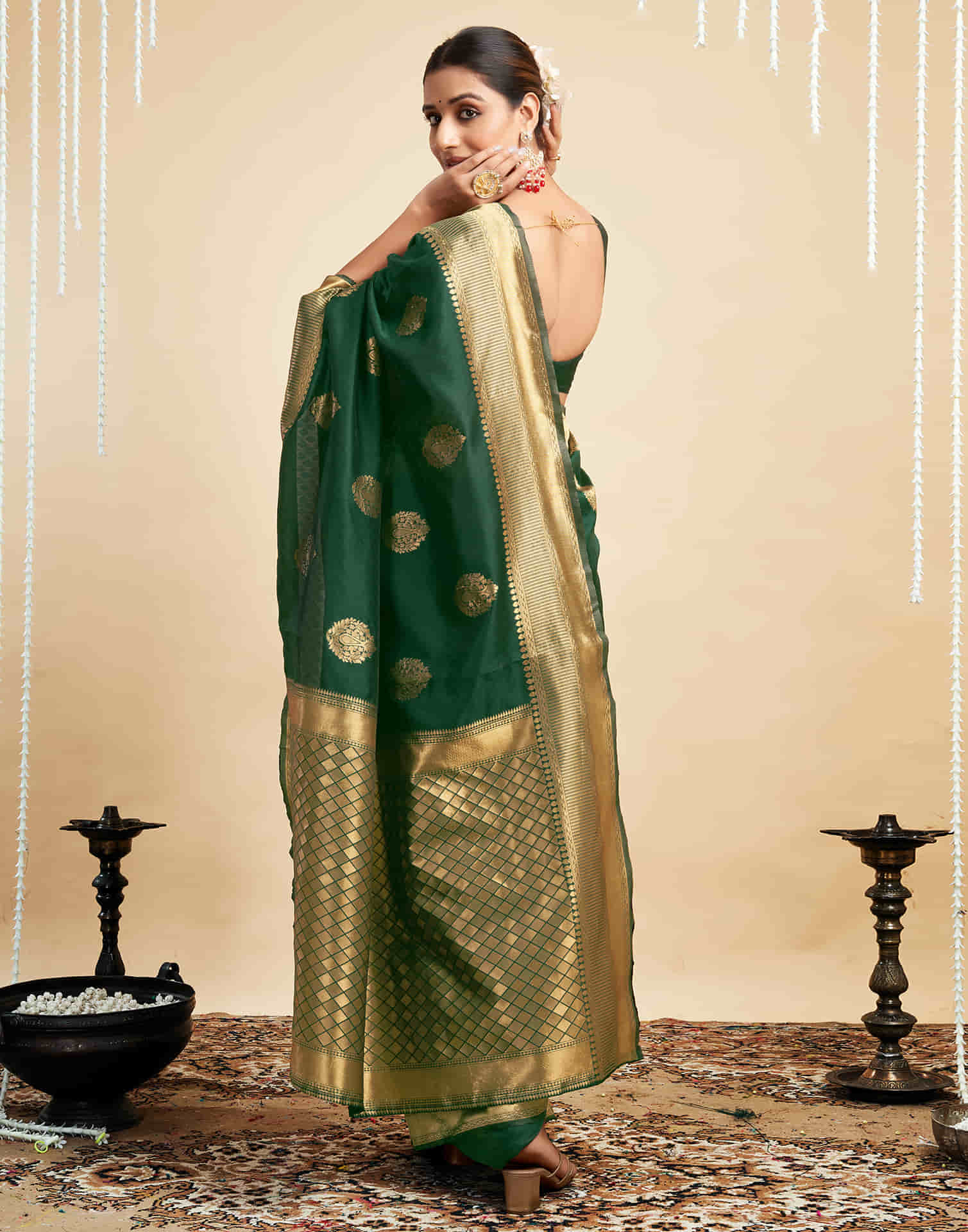 Green Silk Woven Banarasi Saree - Image 7