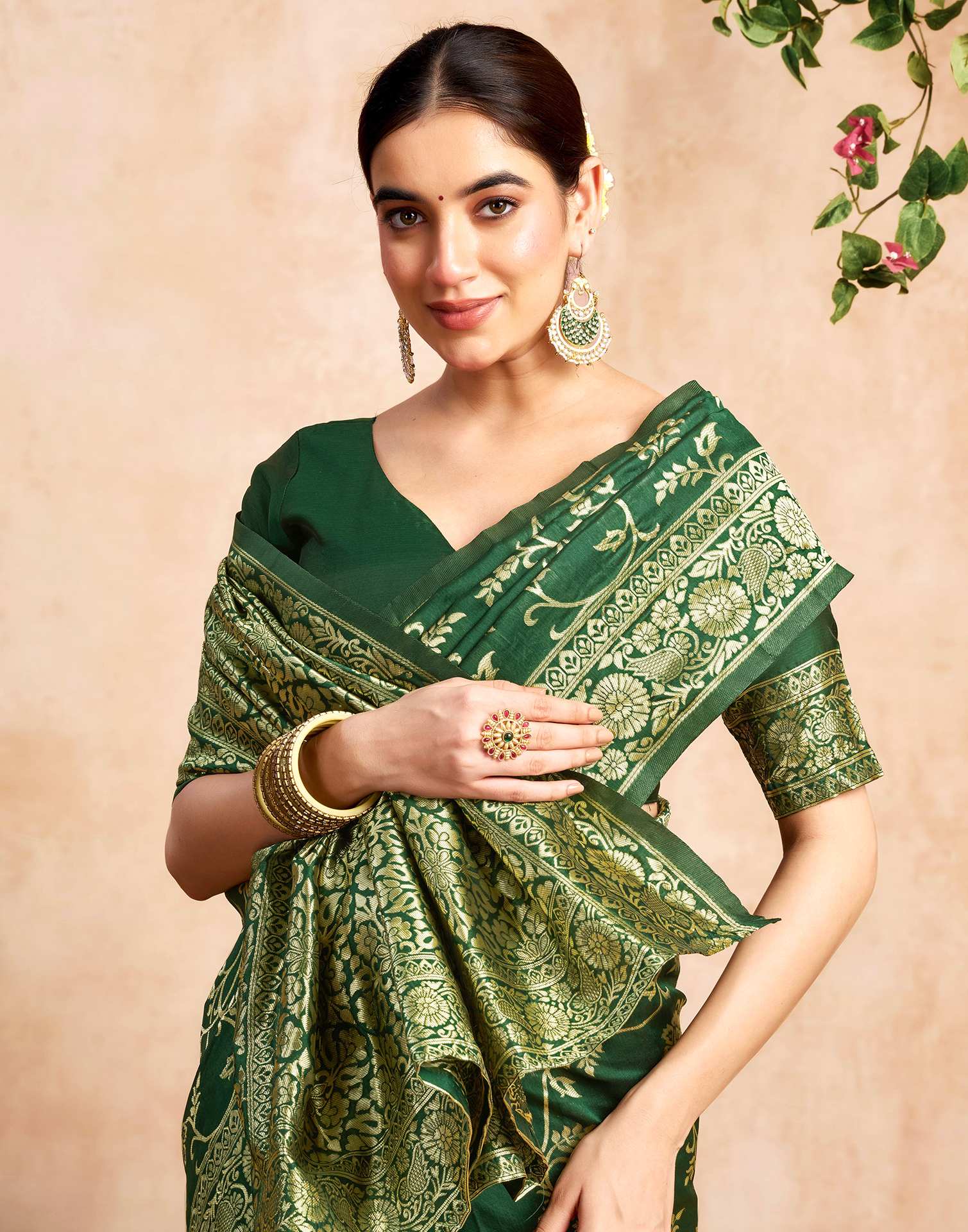 Green Silk Woven Banarasi Saree - Image 2