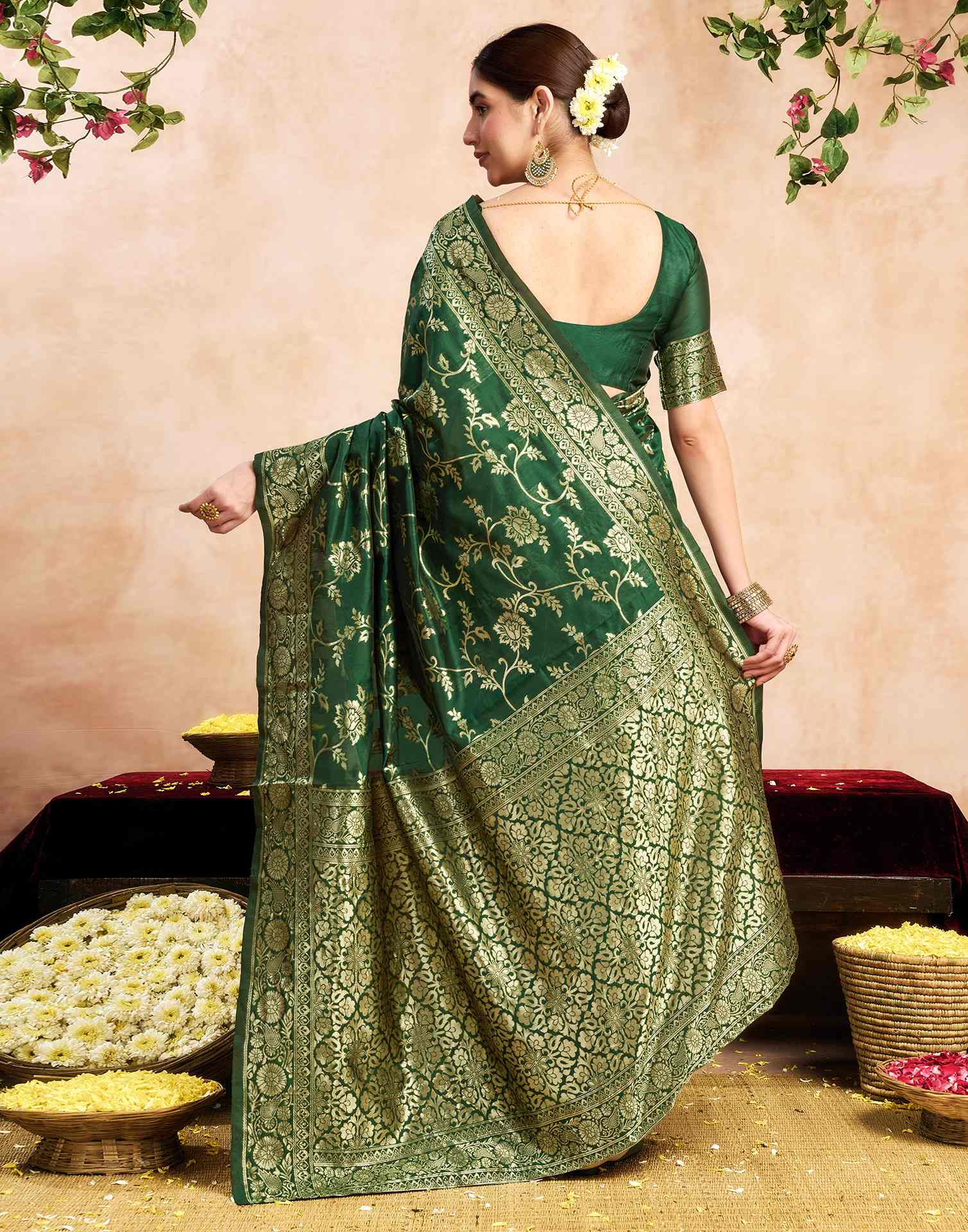 Green Silk Woven Banarasi Saree - Image 6