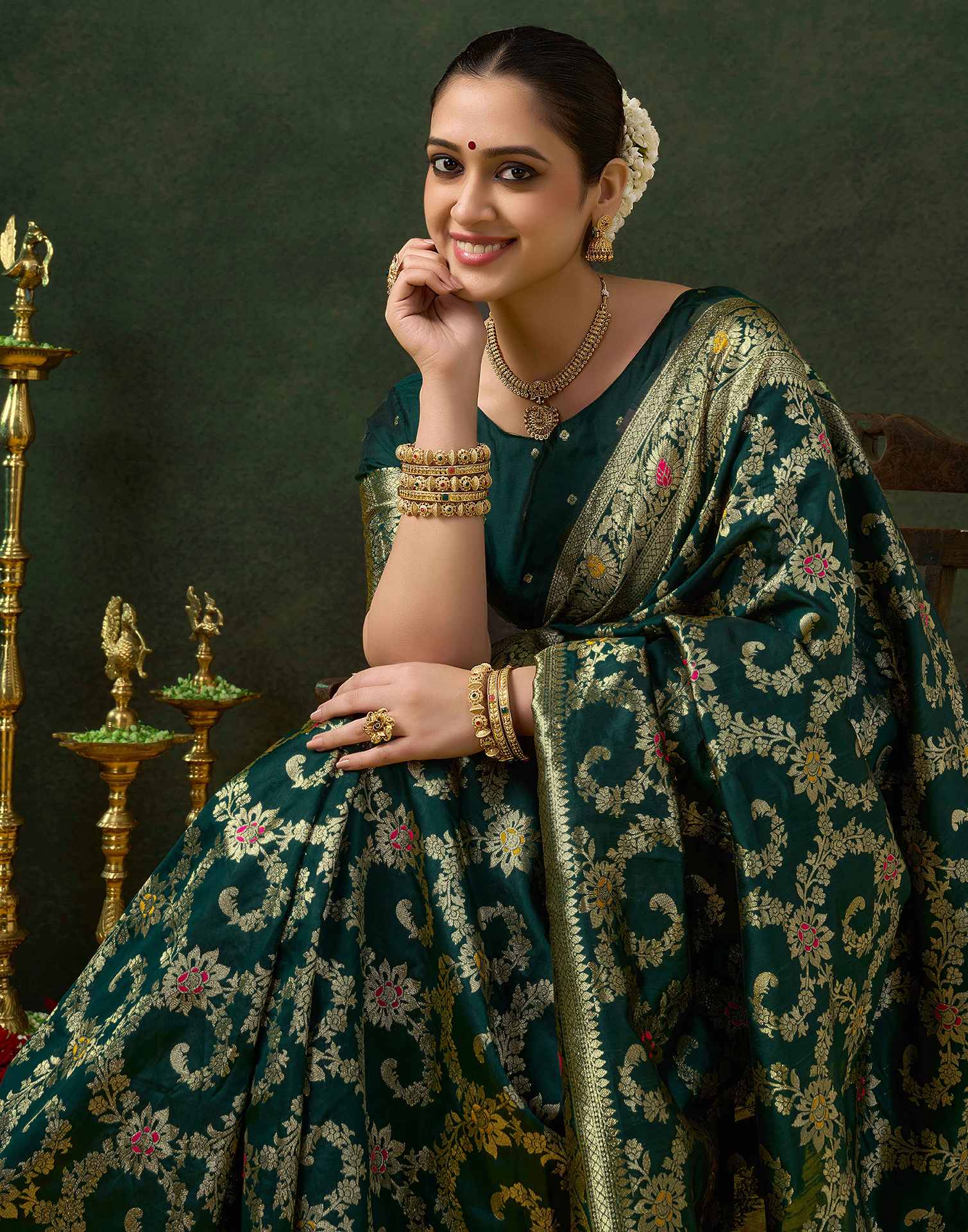 Green Silk Woven Banarasi Saree - Image 6