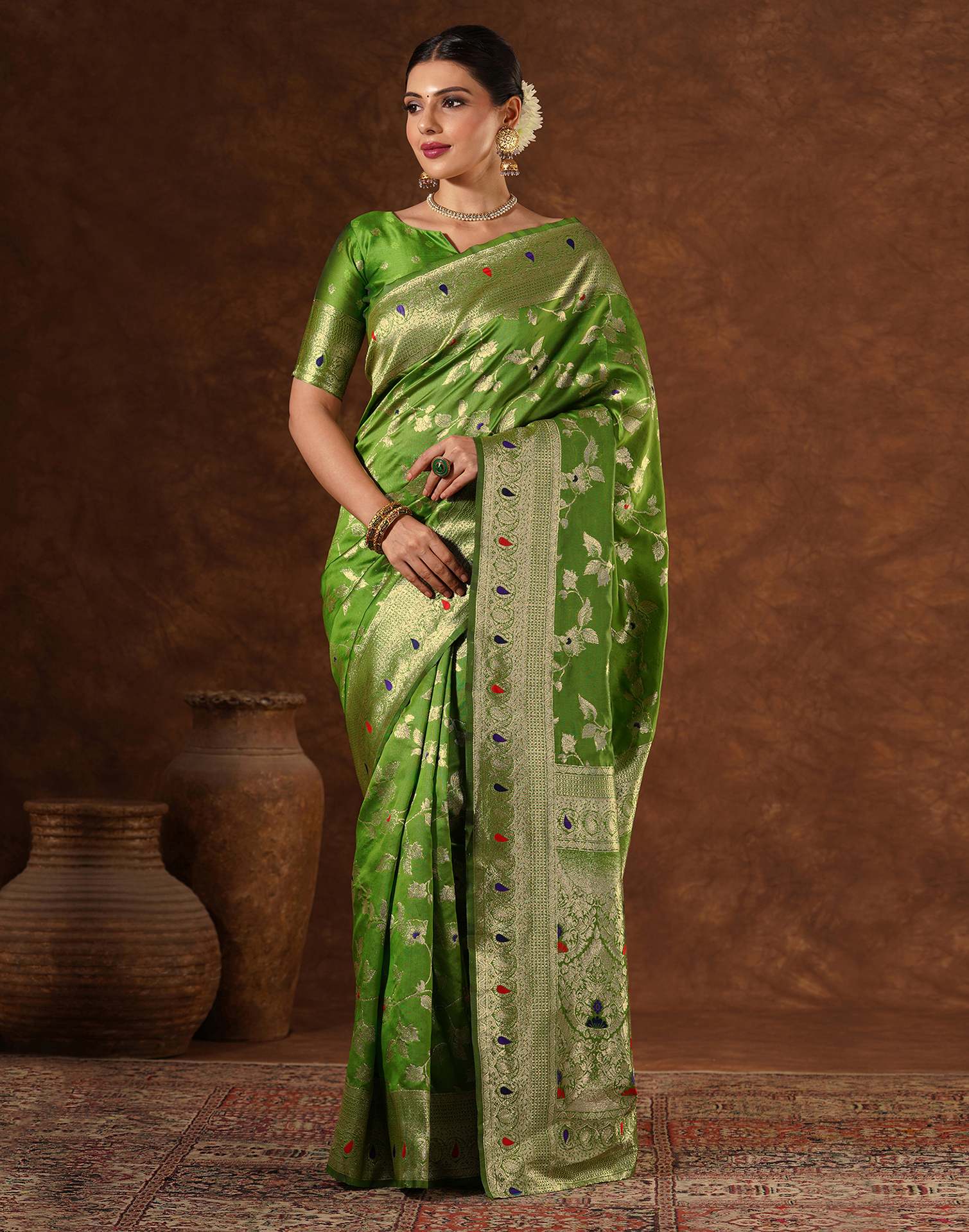 Green Silk Woven Banarasi Saree - Image 2