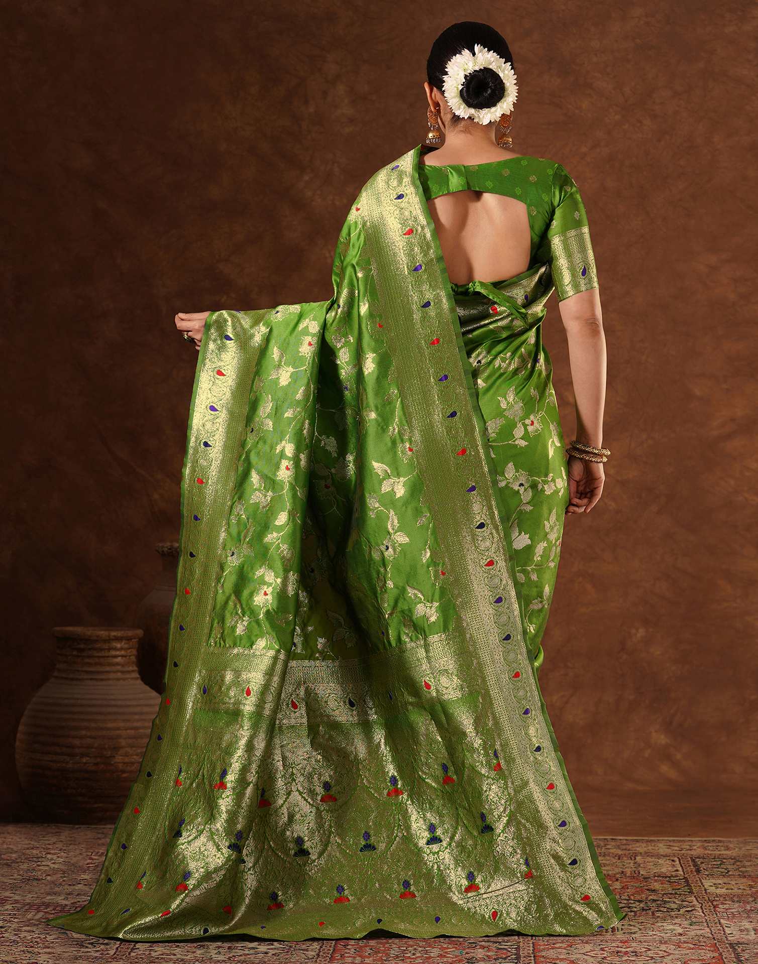 Green Silk Woven Banarasi Saree - Image 6