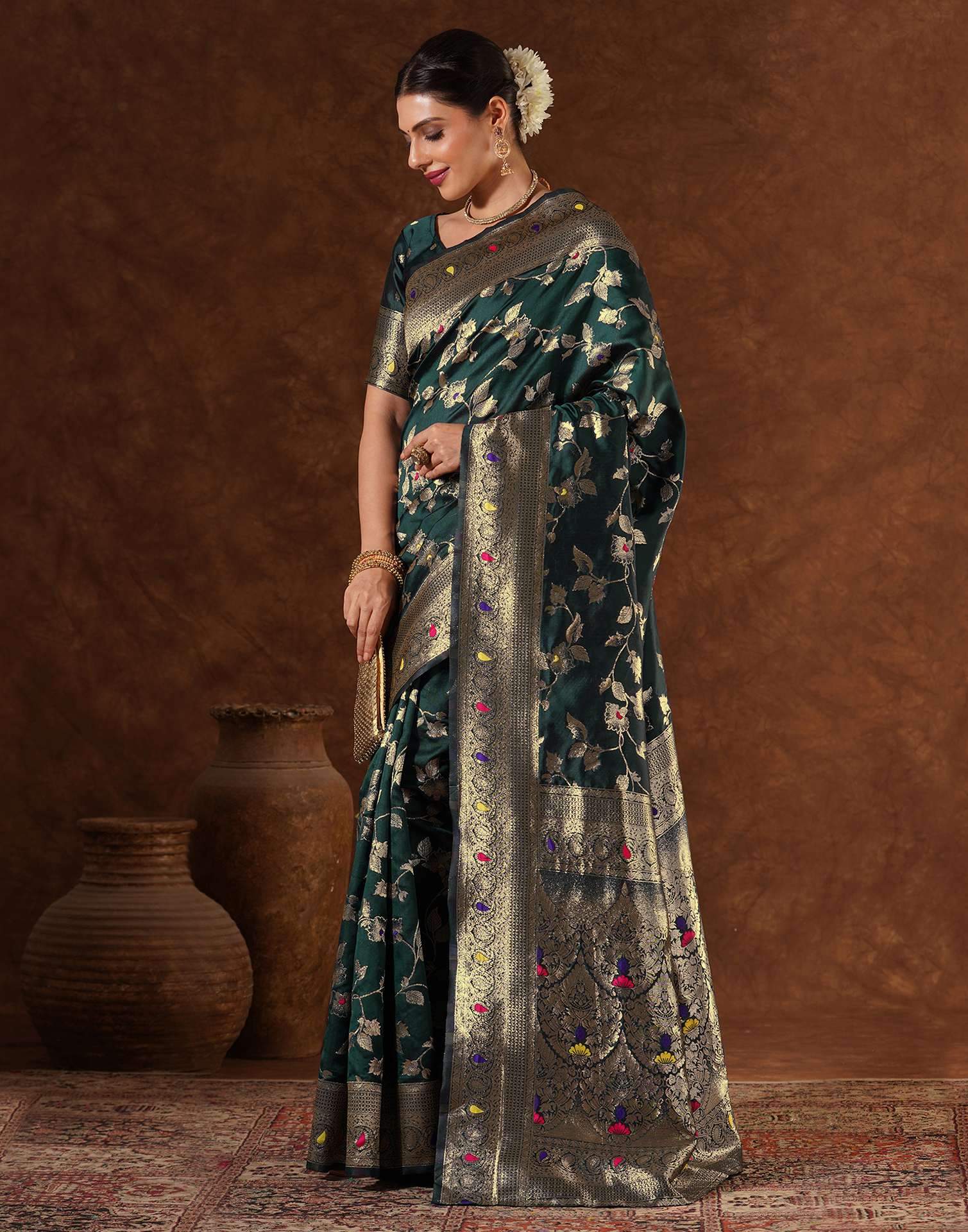 Green Silk Woven Banarasi Saree - Image 4