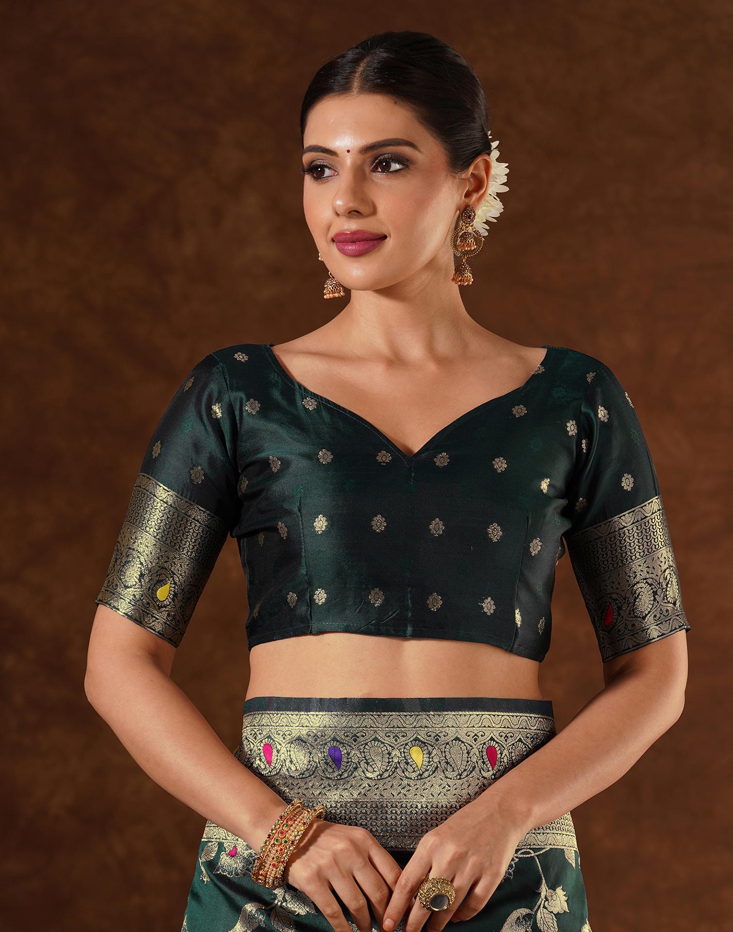 Green Silk Woven Banarasi Saree - Image 9