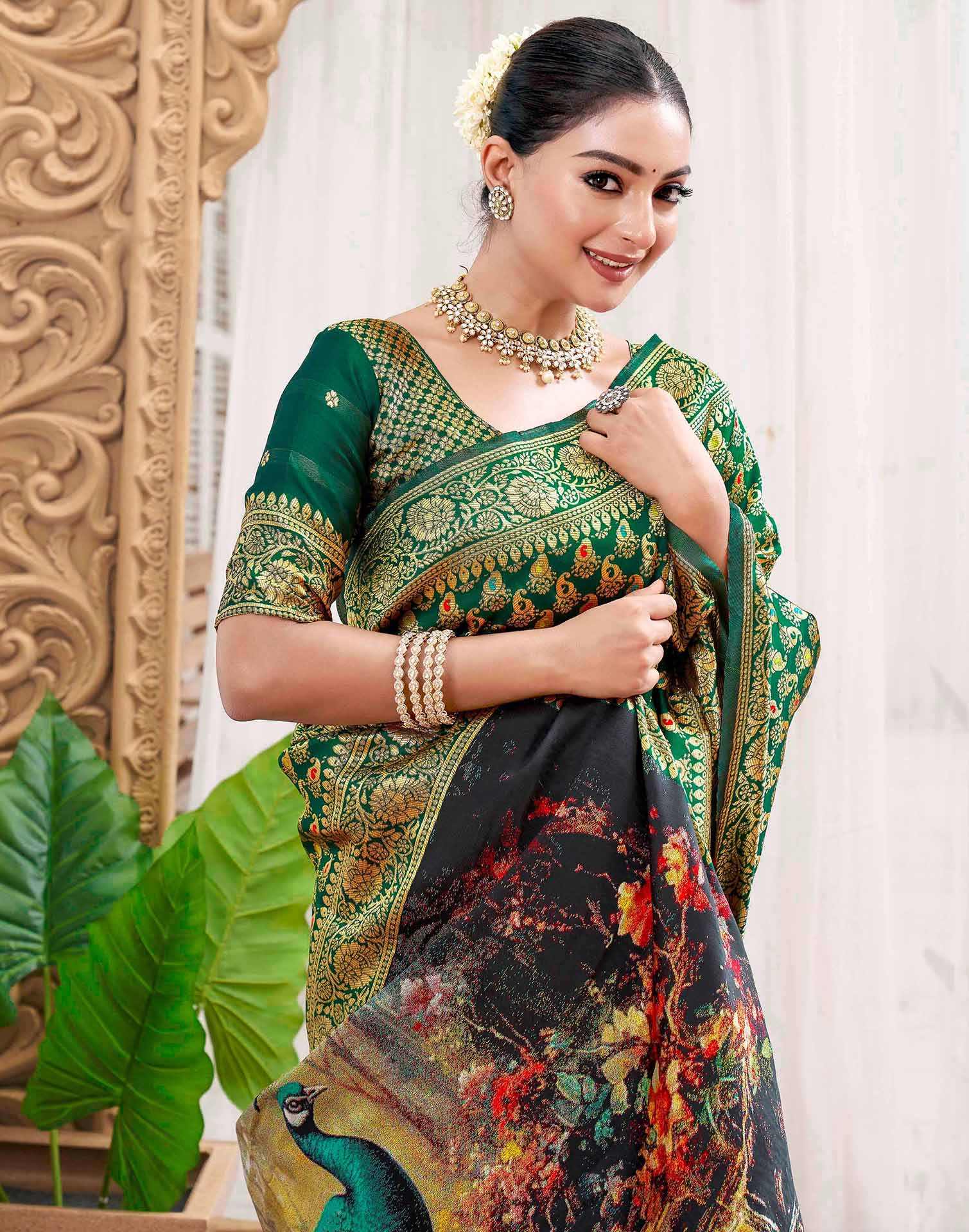 Green Silk Woven Banarasi Saree - Image 2
