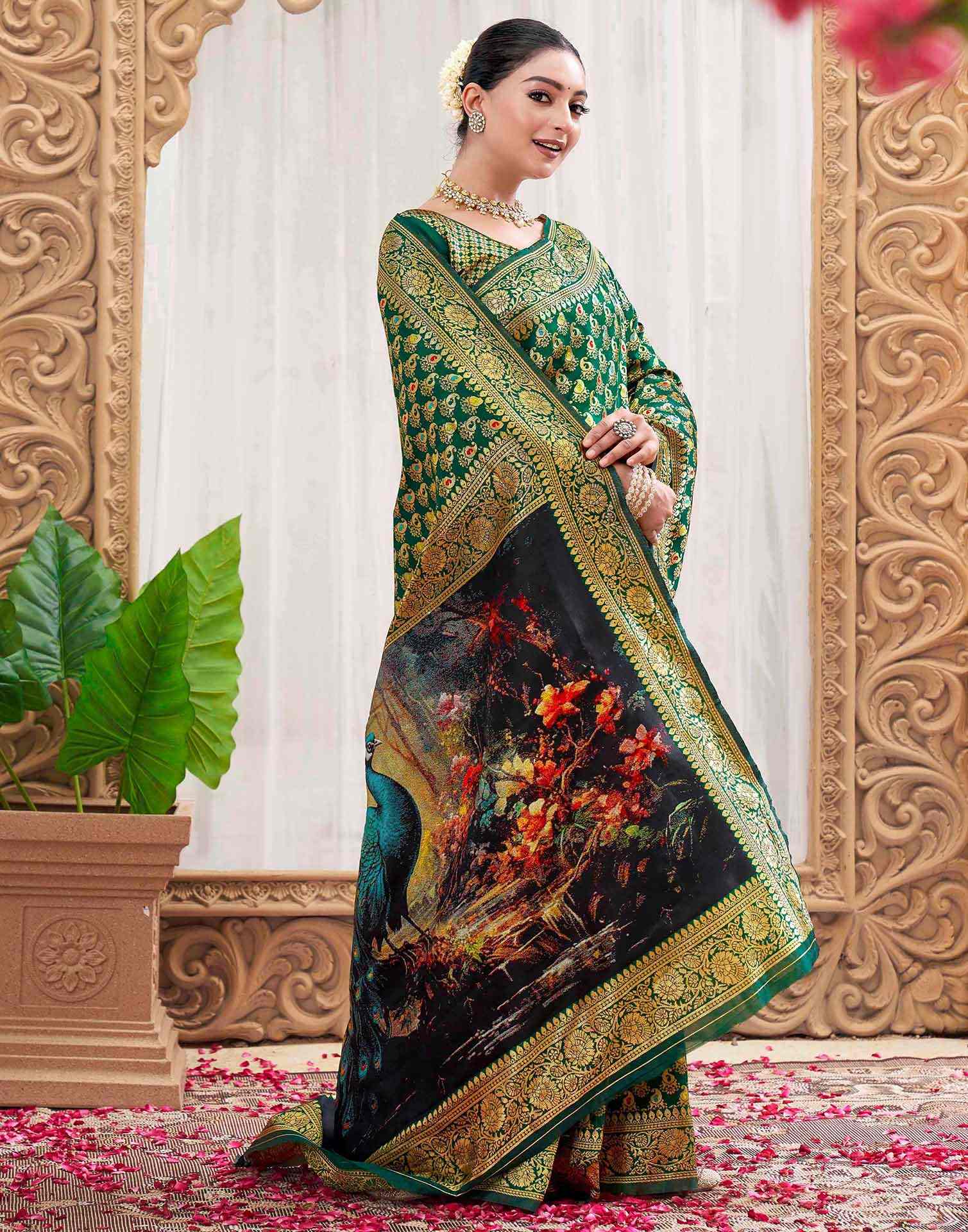 Green Silk Woven Banarasi Saree - Image 5