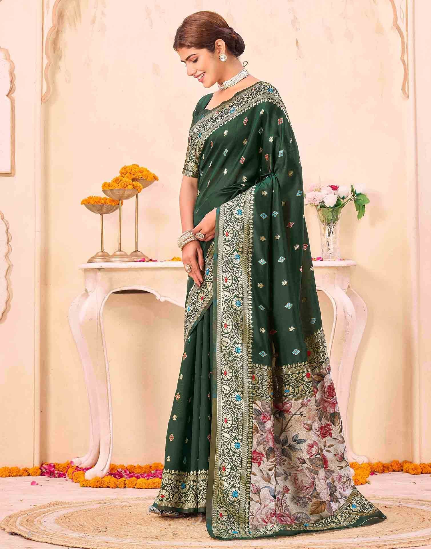 Green Silk Woven Banarasi Saree - Image 4