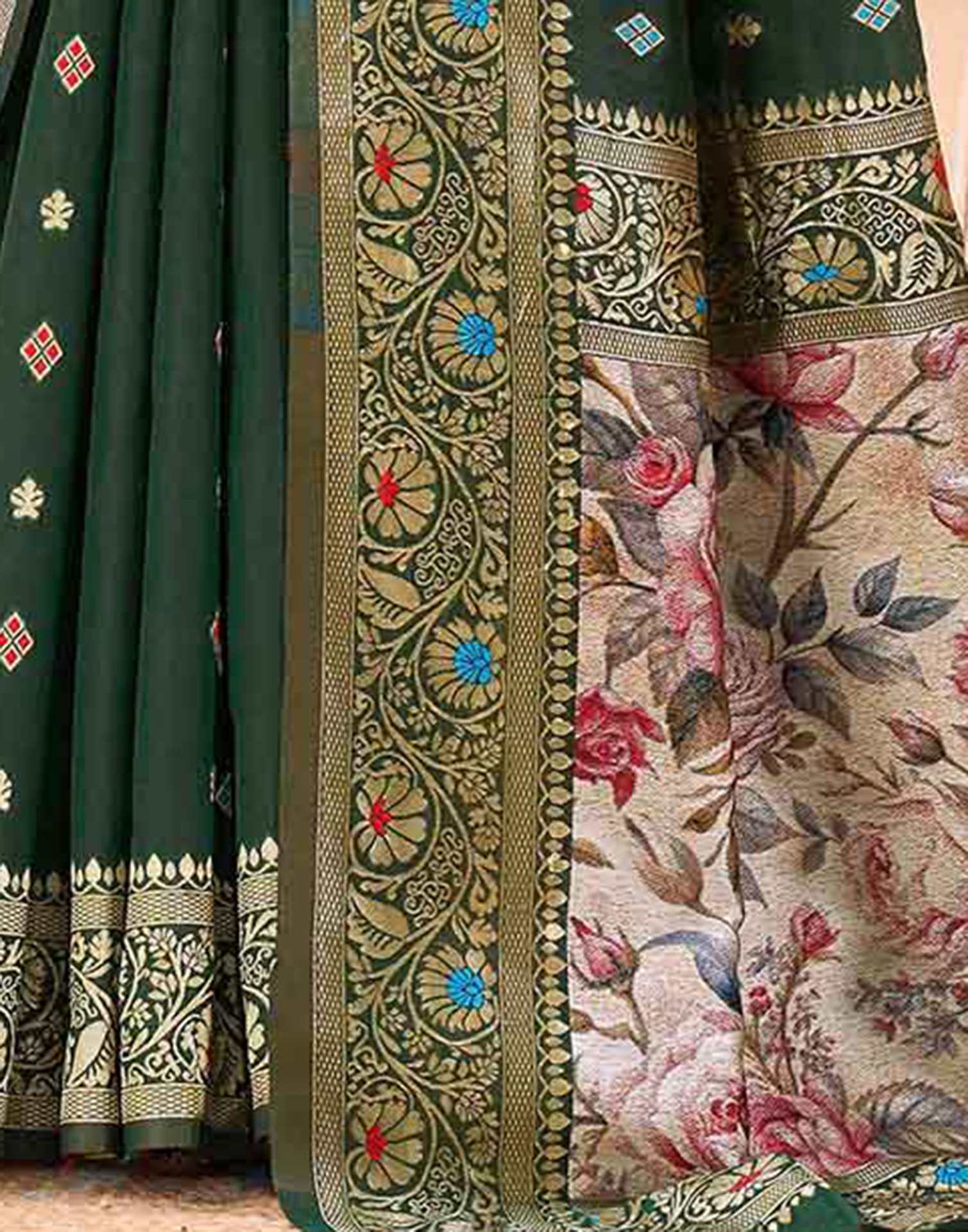 Green Silk Woven Banarasi Saree - Image 7