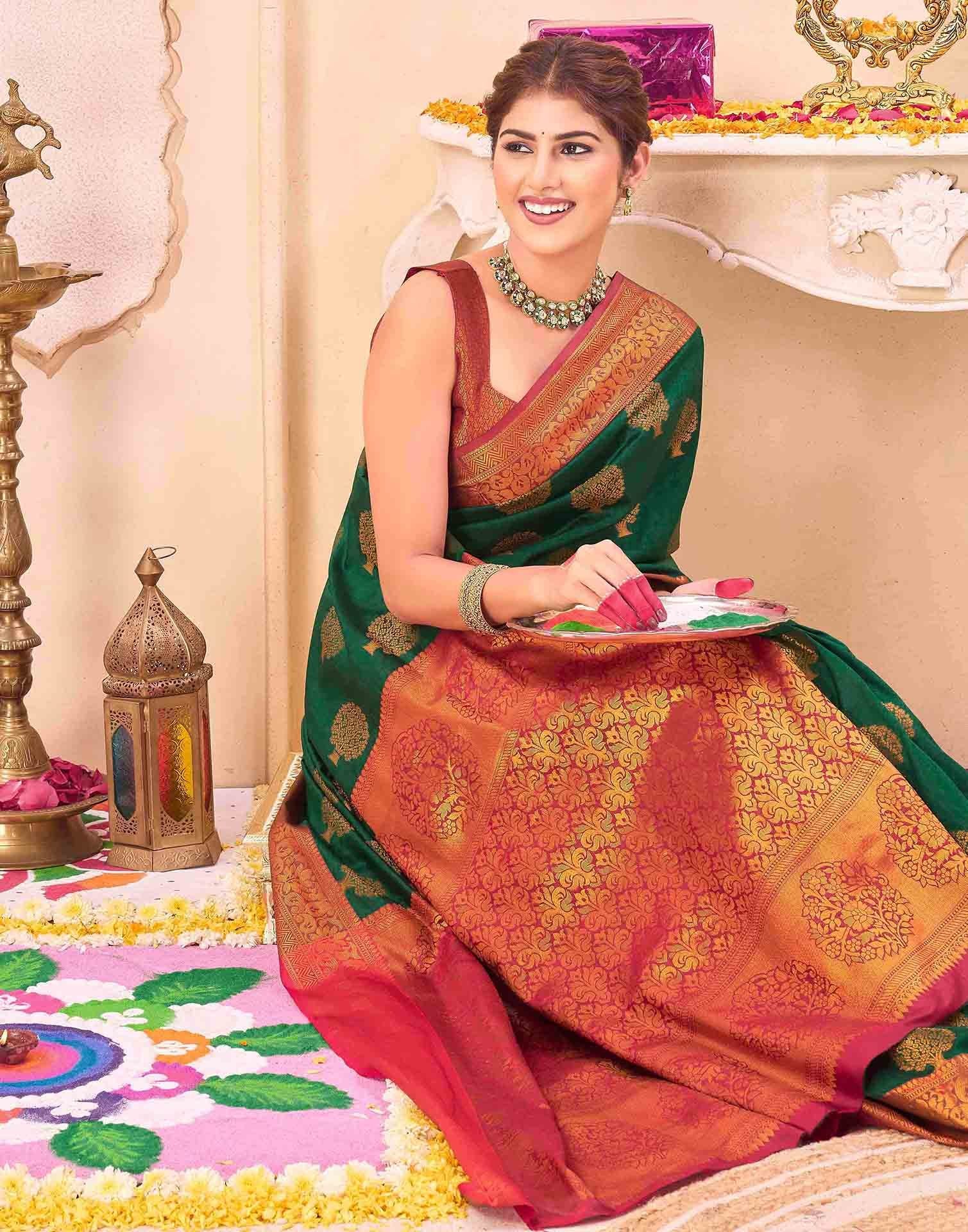 Green Silk Woven Banarasi Saree - Image 2