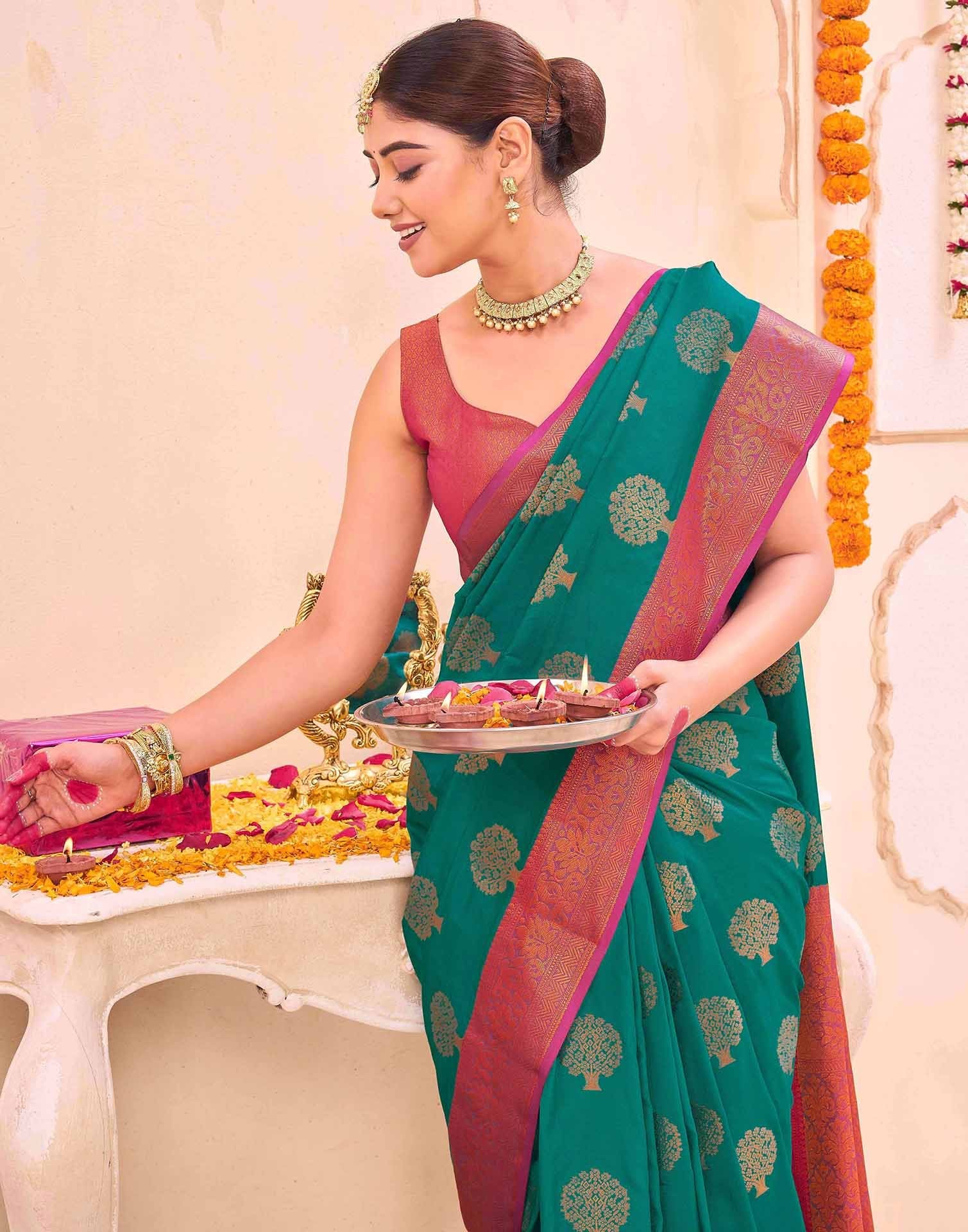 Green Silk Woven Banarasi Saree - Image 2