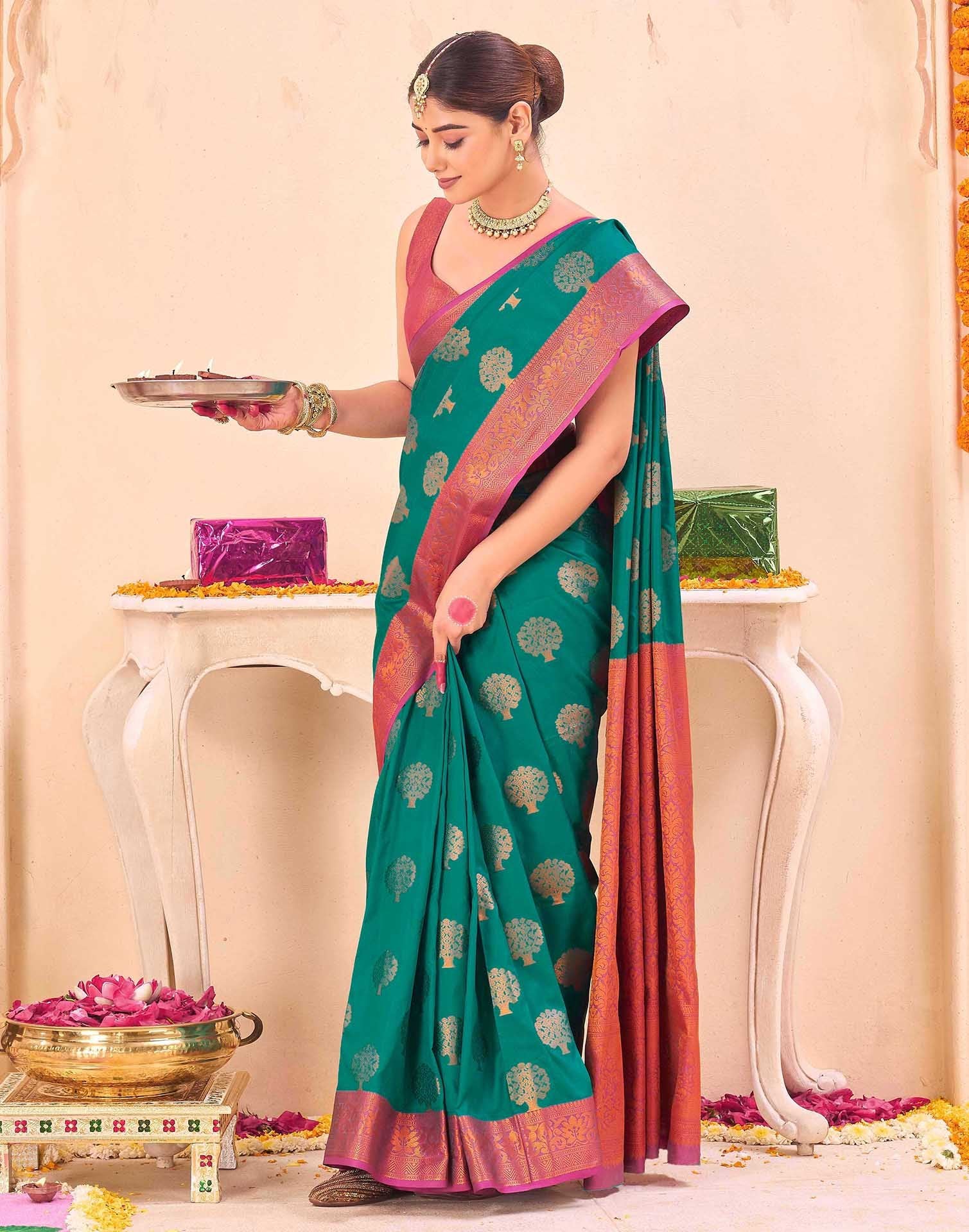 Green Silk Woven Banarasi Saree - Image 5