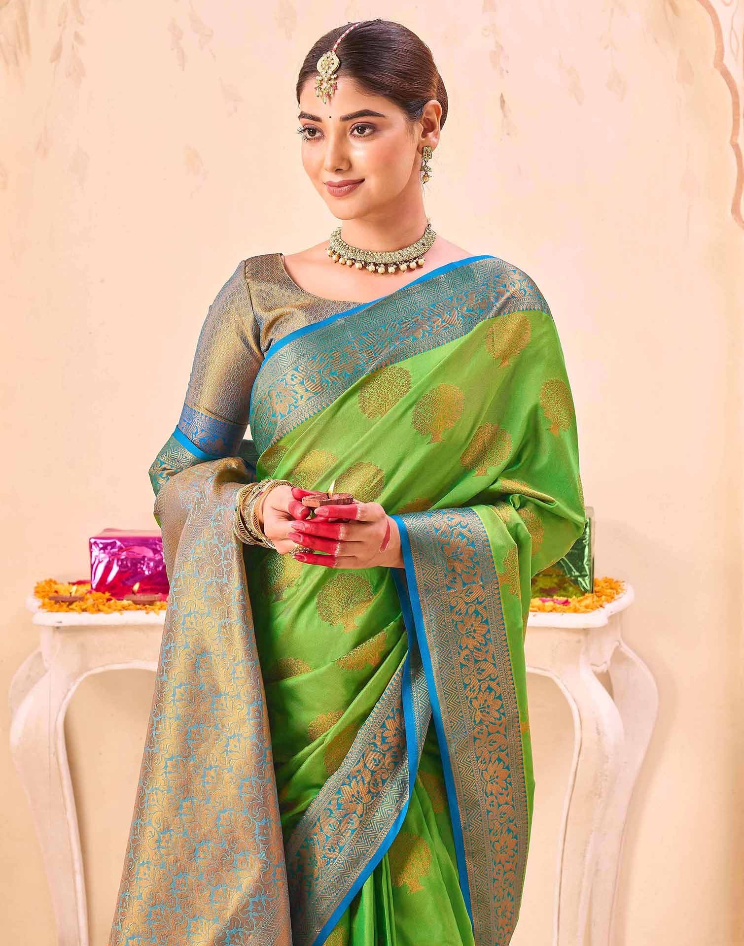 Green Silk Woven Banarasi Saree - Image 2