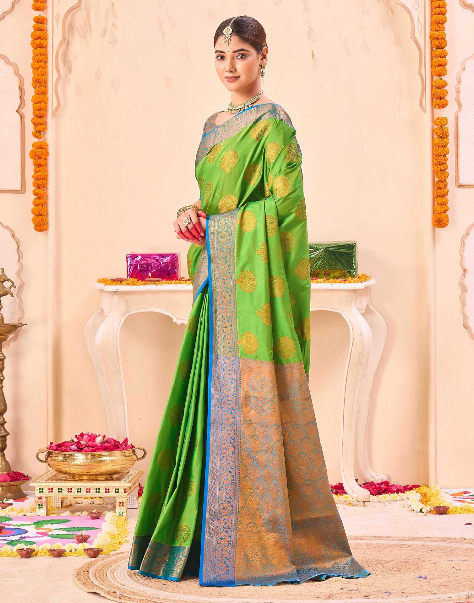 Green Silk Woven Banarasi Saree - Image 4