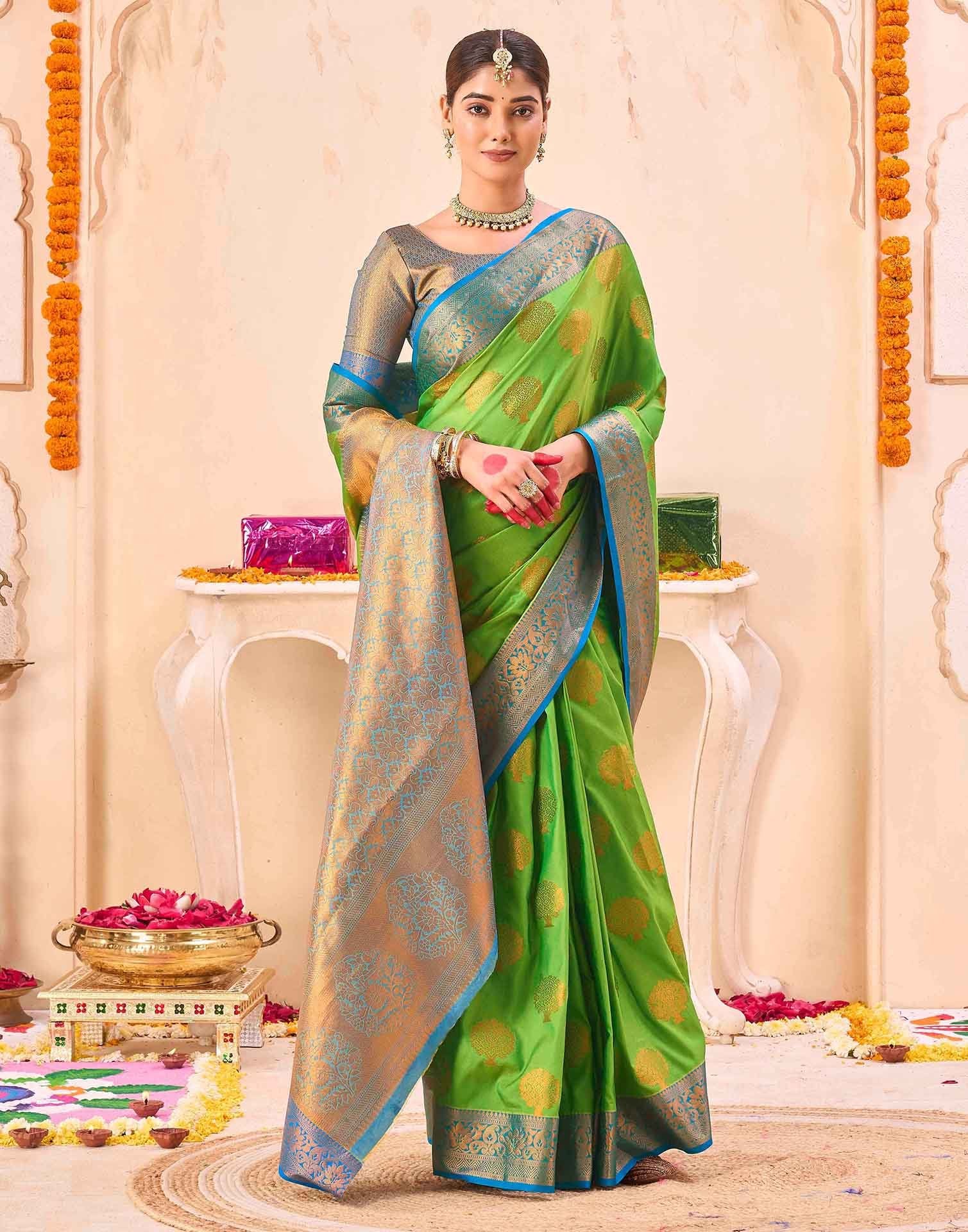 Green Silk Woven Banarasi Saree - Image 5