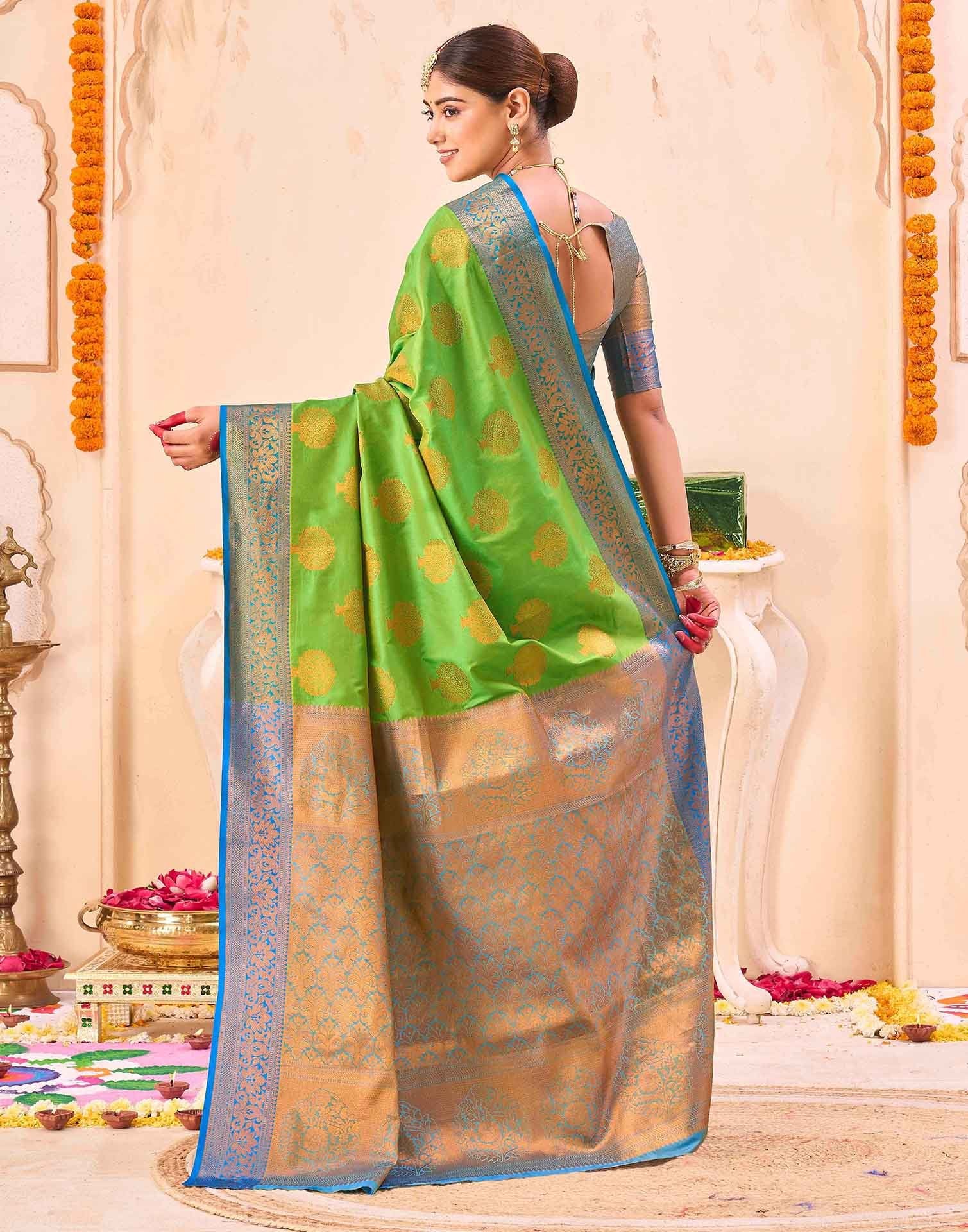 Green Silk Woven Banarasi Saree - Image 6