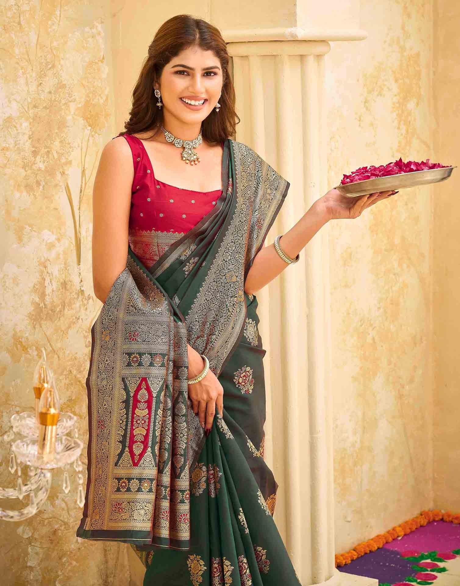 Green Silk Woven Banarasi Saree - Image 2