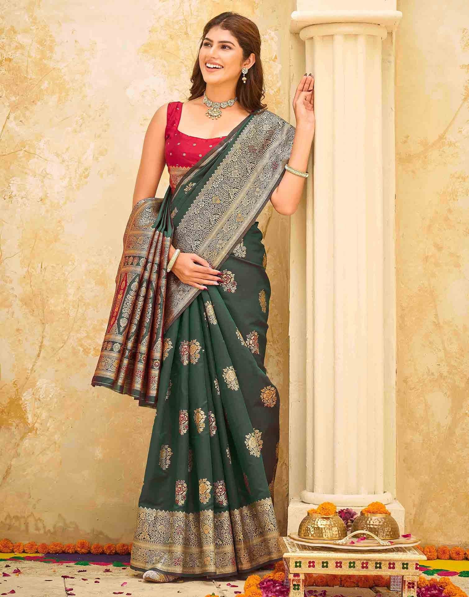 Green Silk Woven Banarasi Saree - Image 5