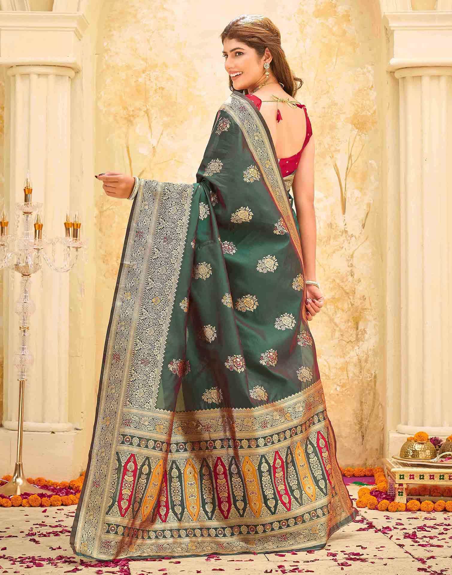 Green Silk Woven Banarasi Saree - Image 6