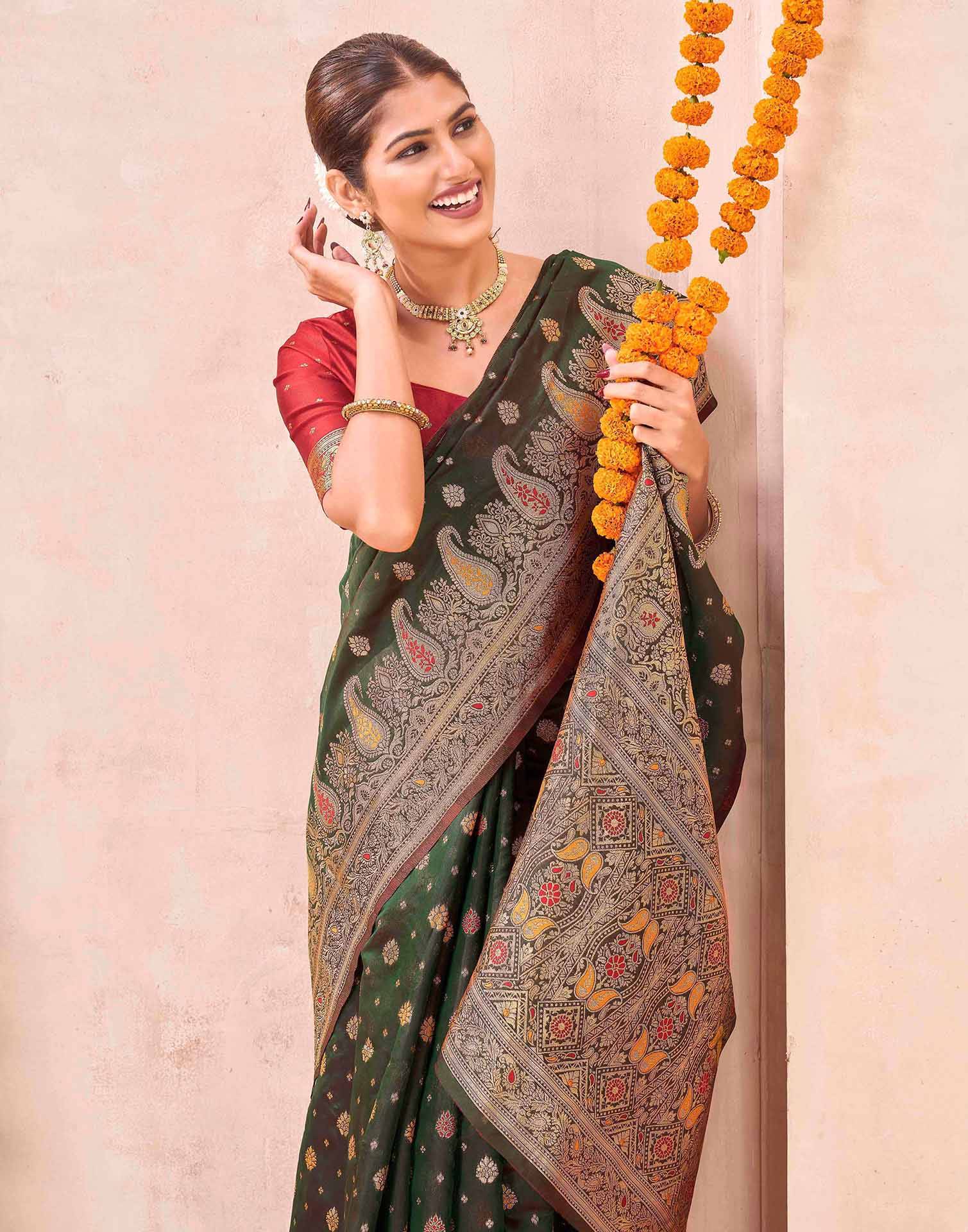 Green Silk Woven Banarasi Saree - Image 2