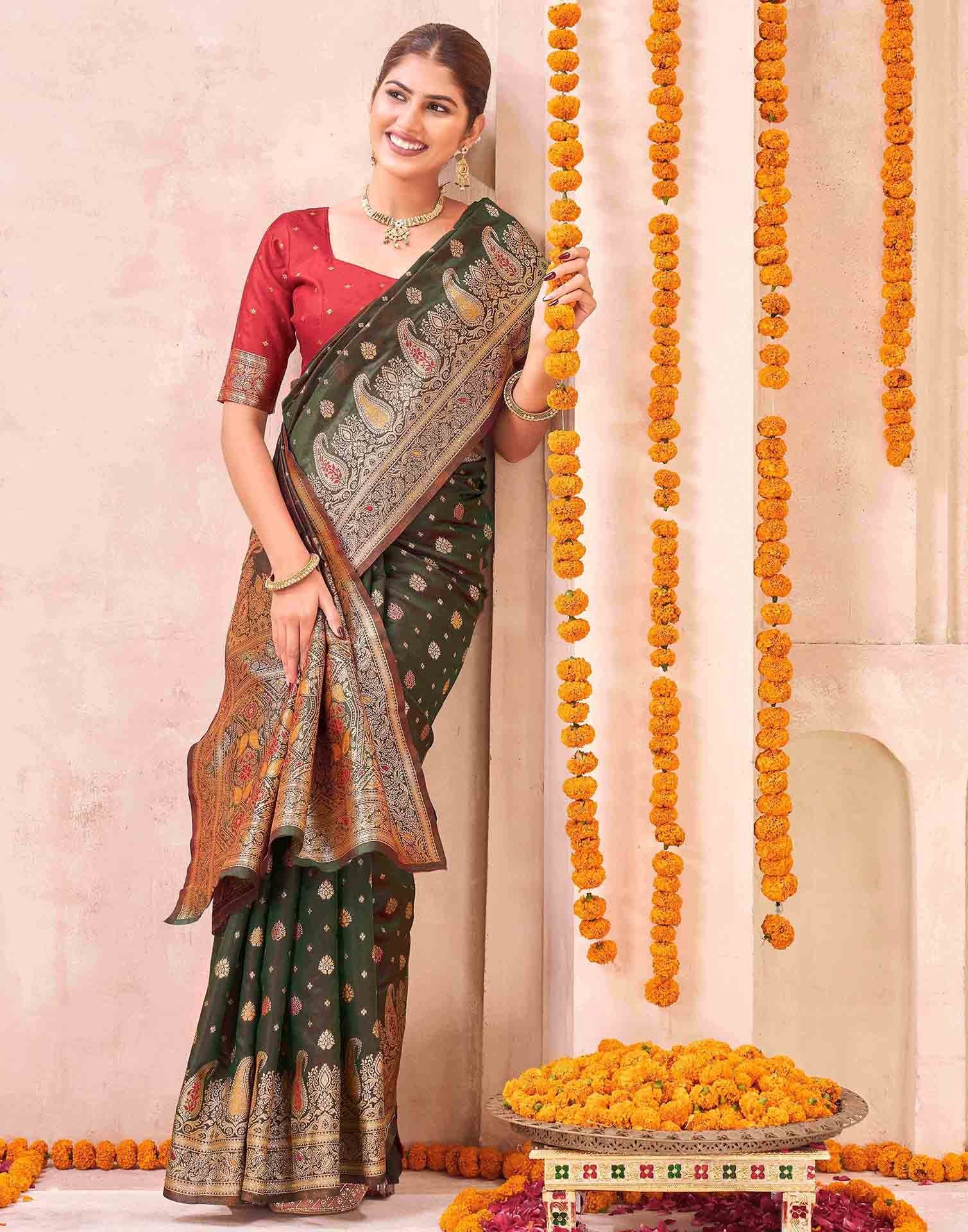 Green Silk Woven Banarasi Saree - Image 5