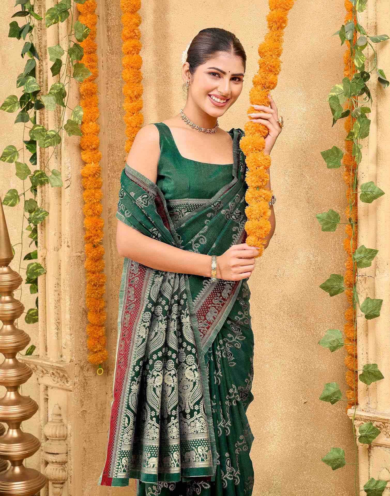 Green Silk Woven Banarasi Saree - Image 2