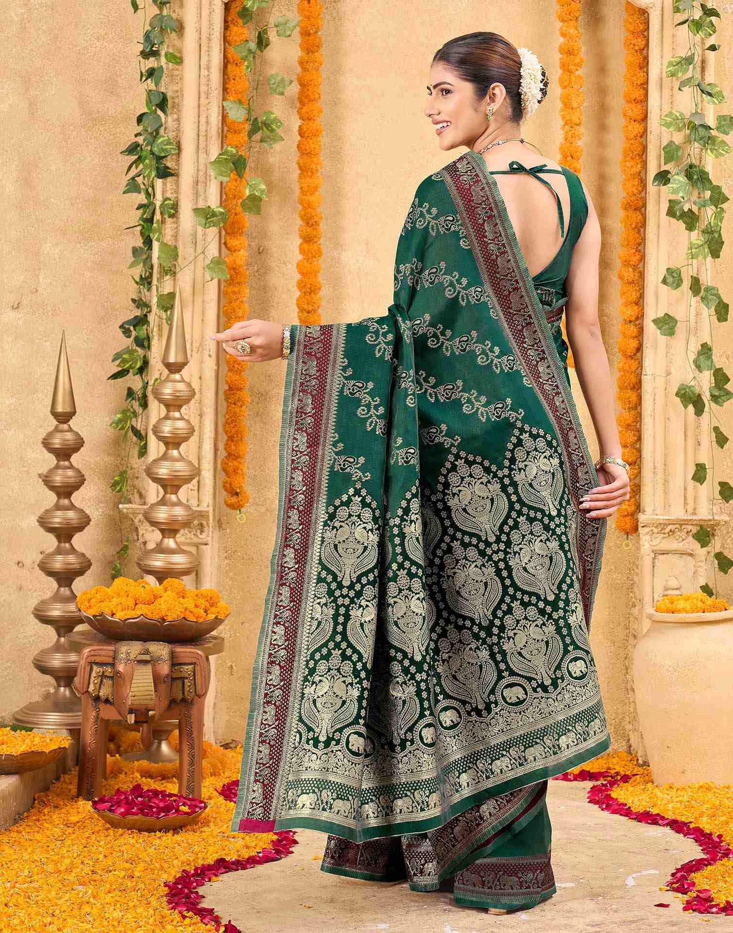 Green Silk Woven Banarasi Saree - Image 6