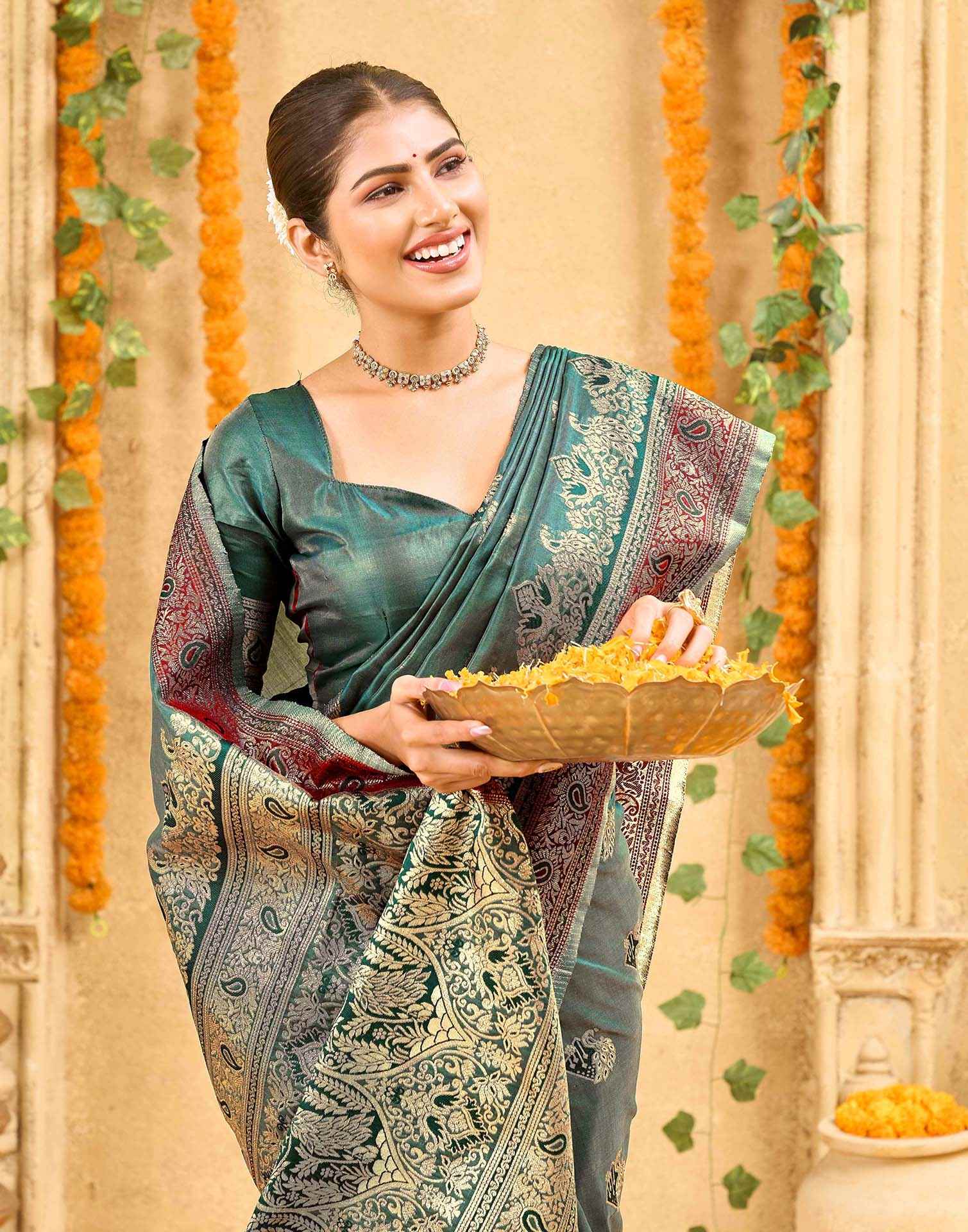 Green Silk Woven Banarasi Saree - Image 2