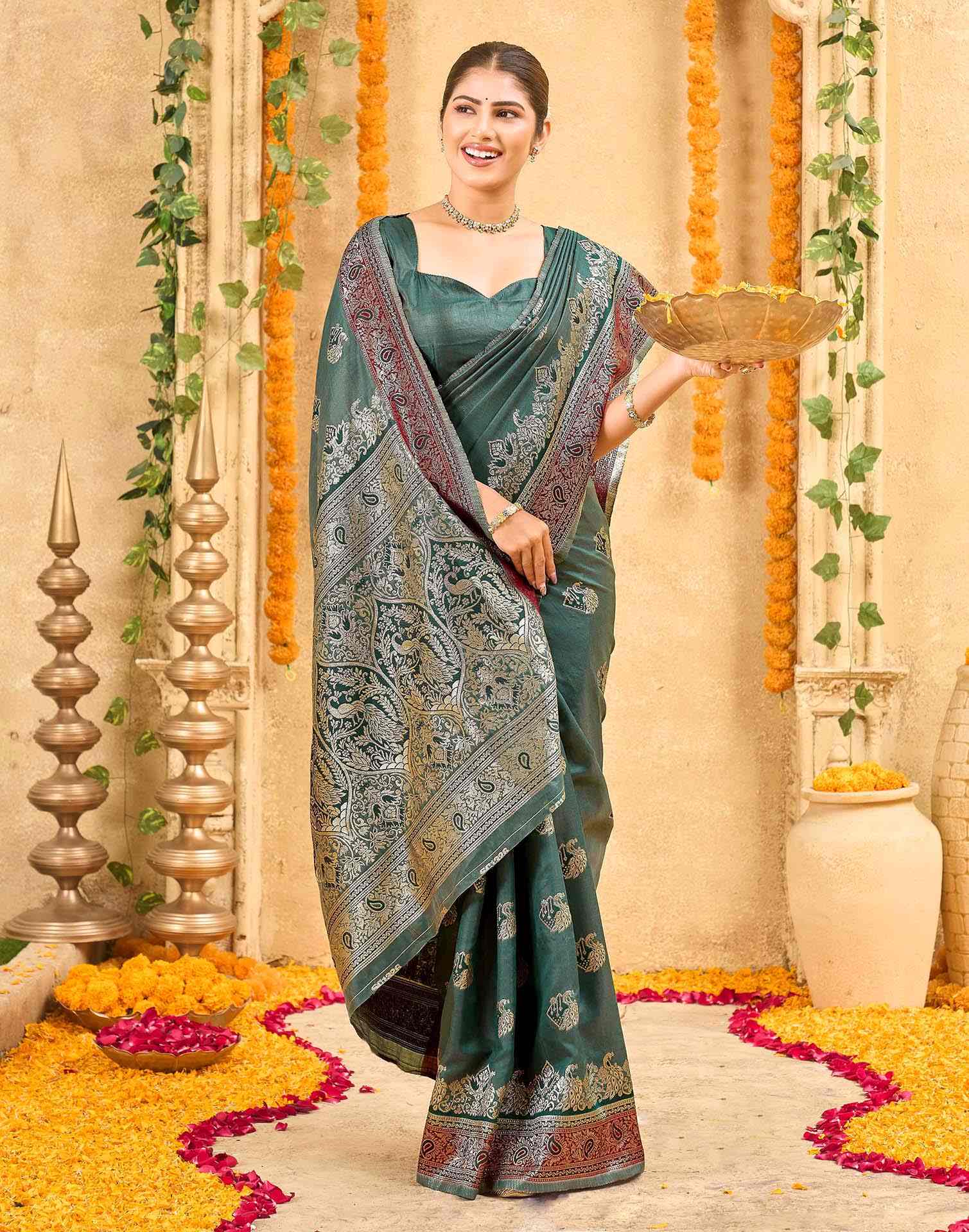 Green Silk Woven Banarasi Saree - Image 5