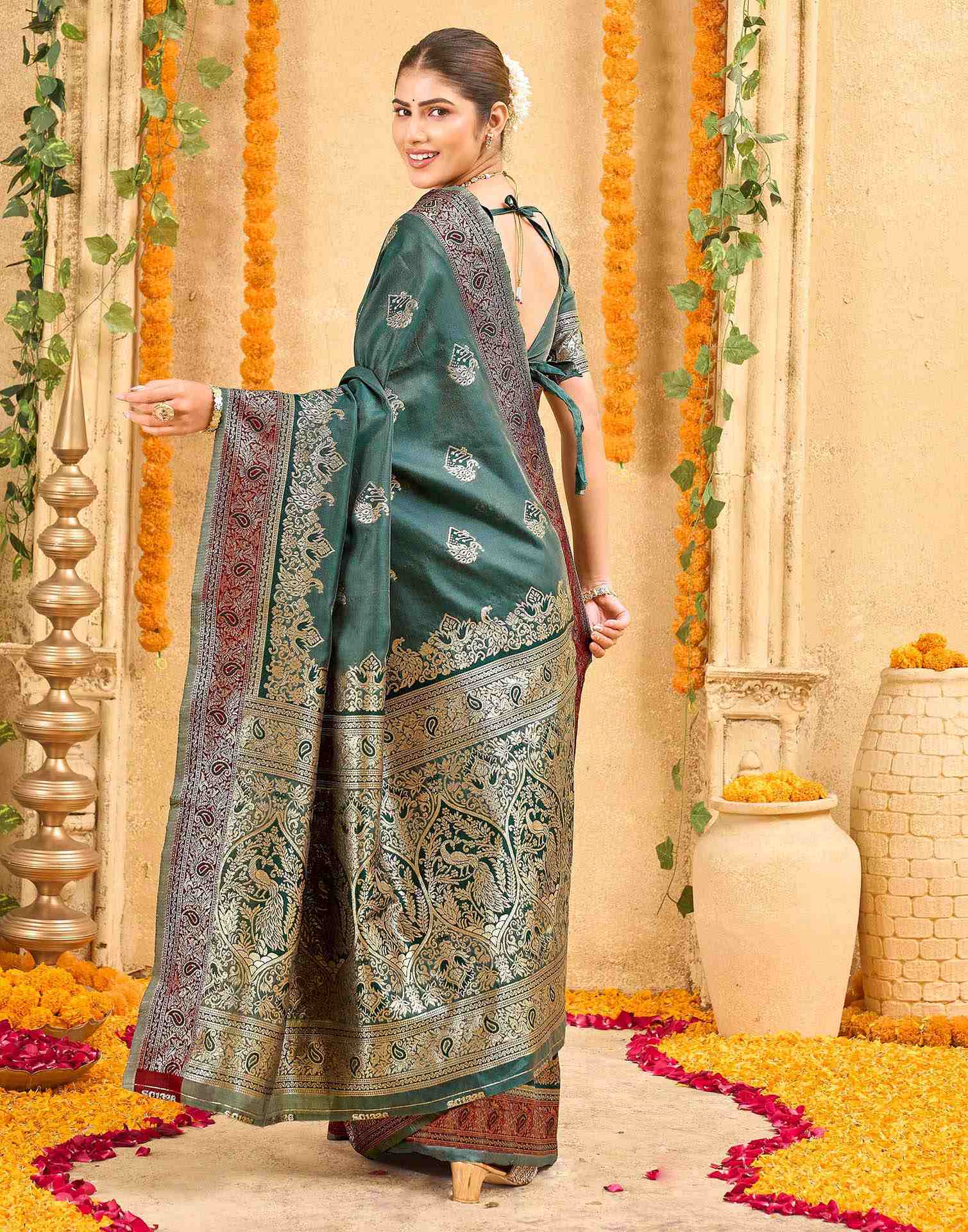 Green Silk Woven Banarasi Saree - Image 6