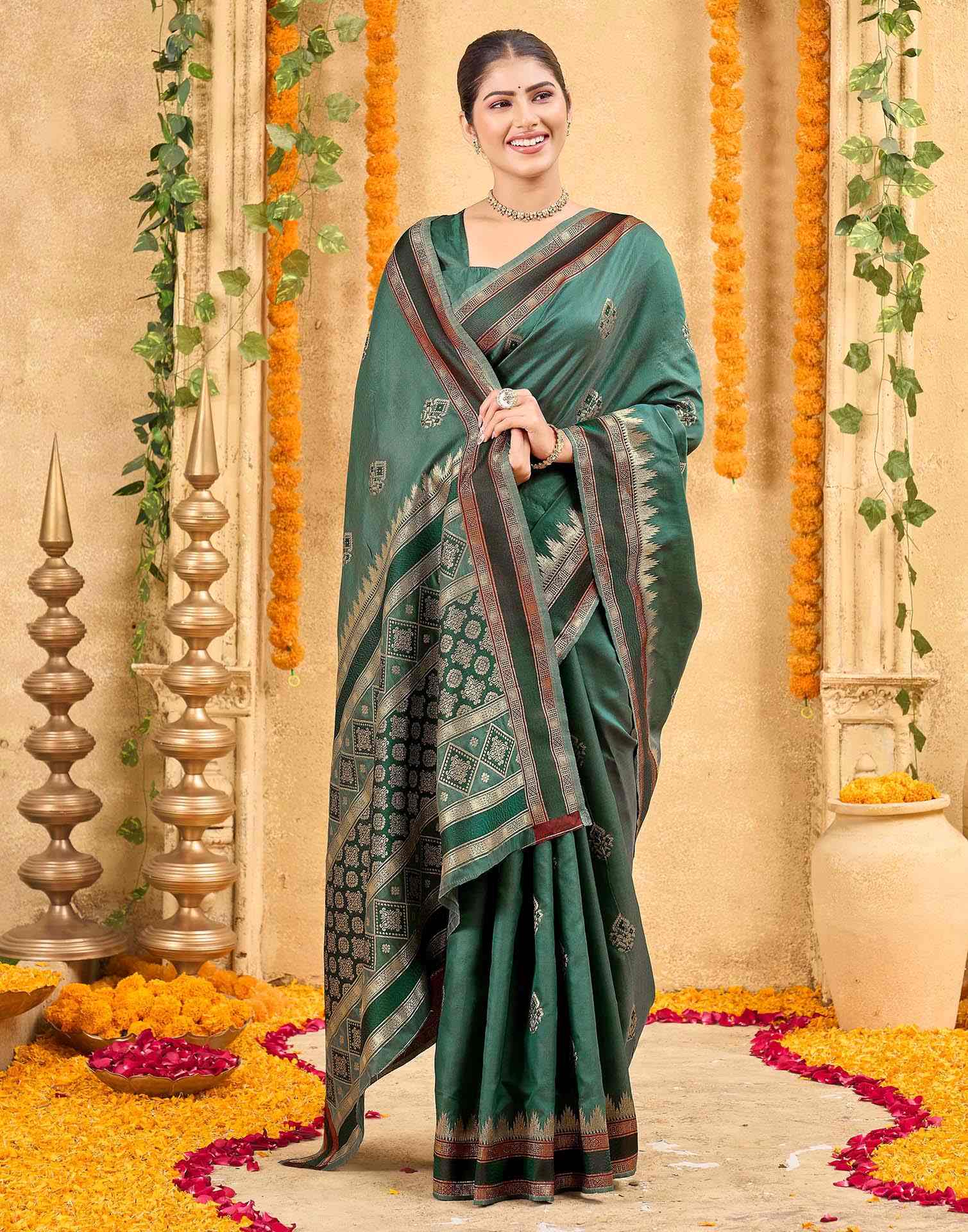 Green Silk Woven Banarasi Saree - Image 5