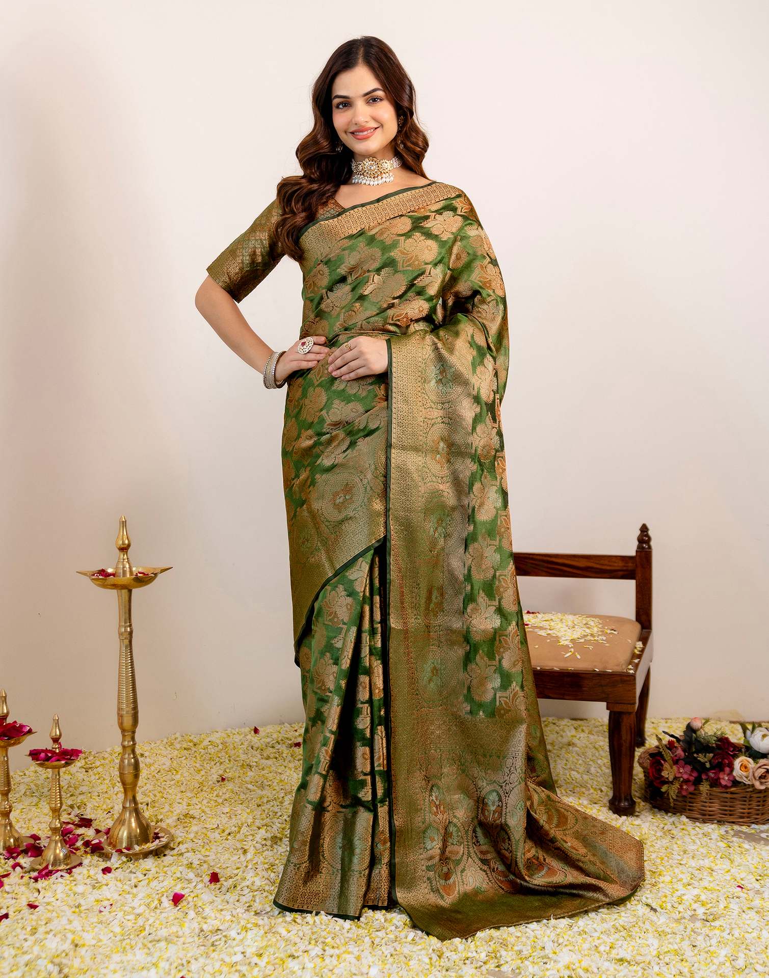 Green Silk Woven Banarasi Saree - Image 2