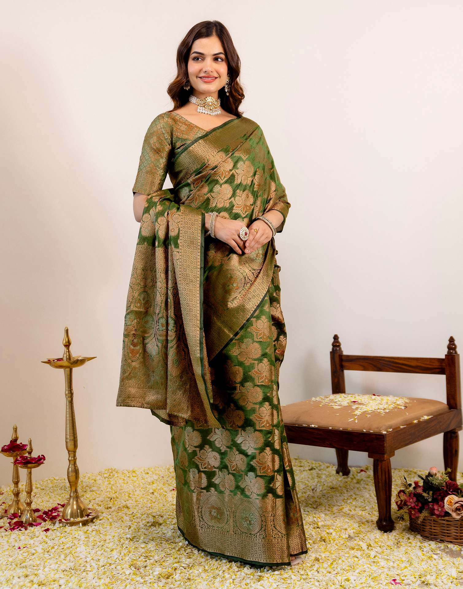 Green Silk Woven Banarasi Saree - Image 6